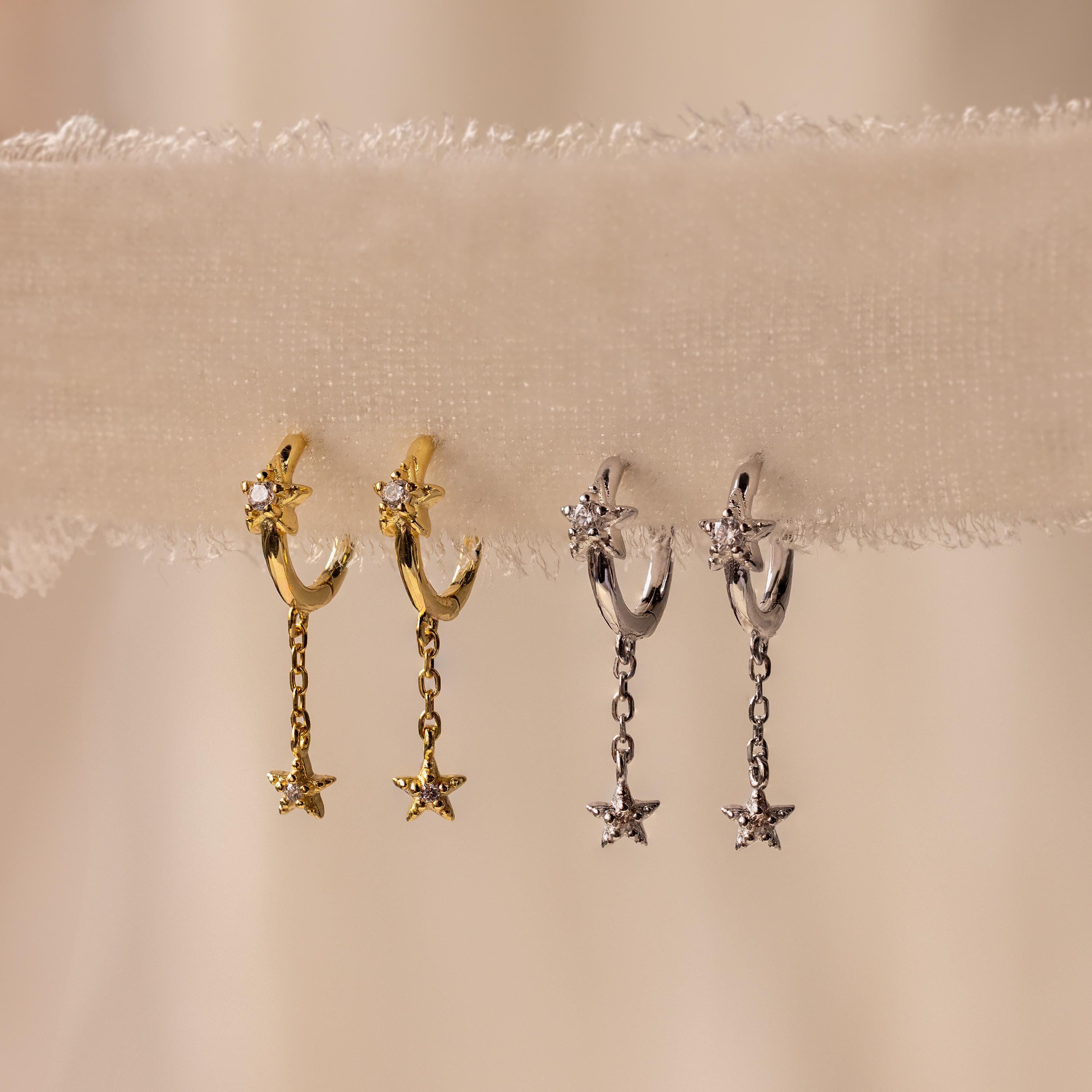 Star Drop Chain Huggie Earrings in 18K Gold Over Brass