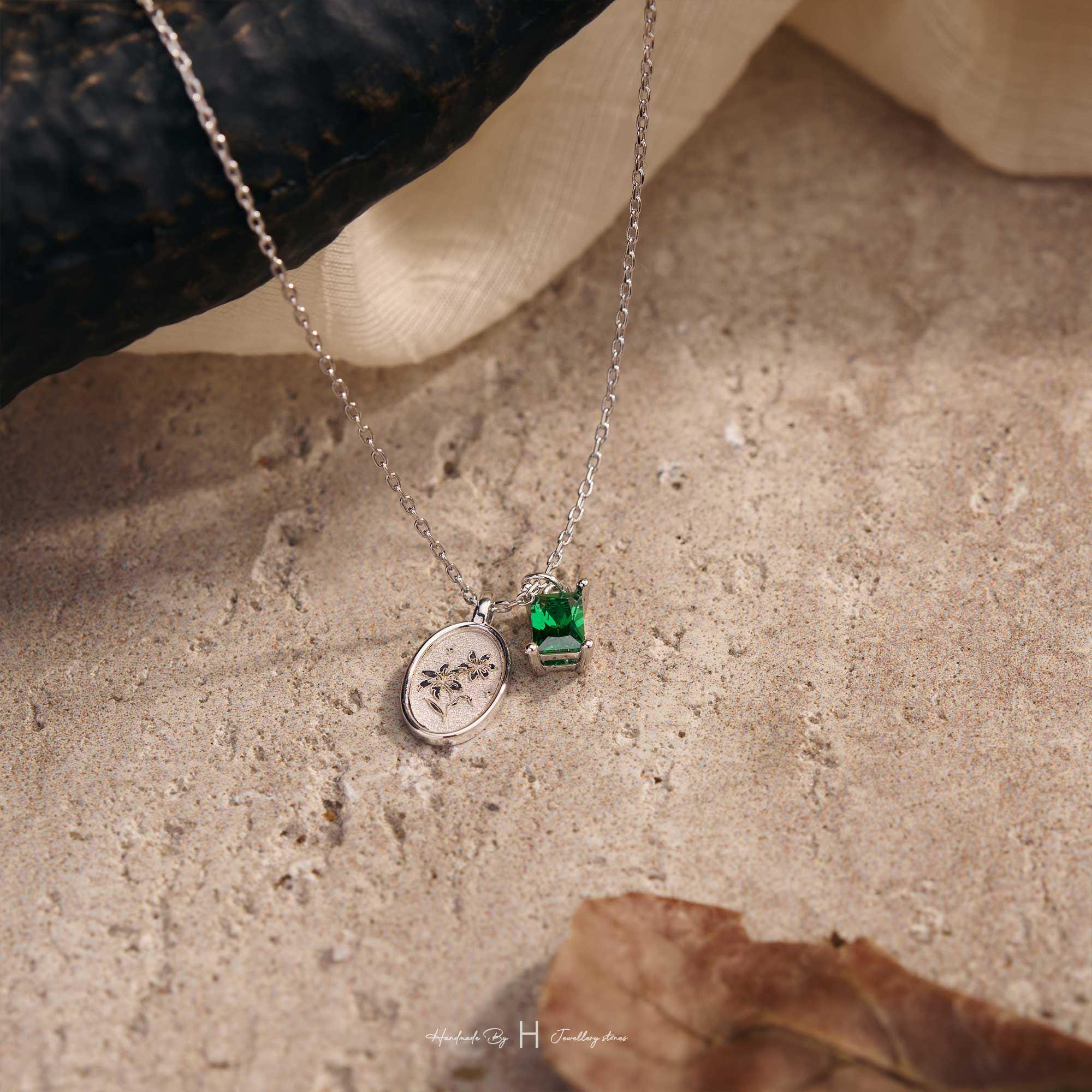 Engraved Birth Flower and Birthstone Necklace