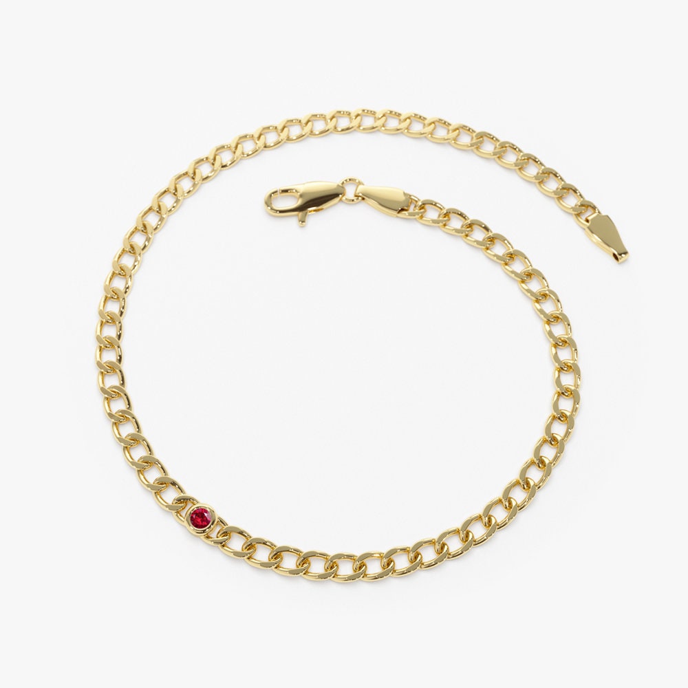 Ruby Bracelet, 14K Gold 3MM Miami Curb Link Chain with Bezel Set Ruby