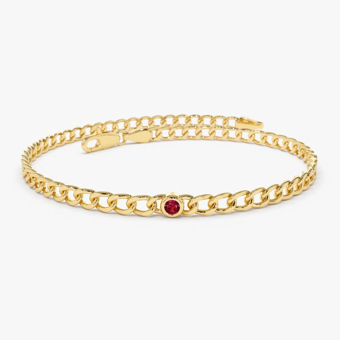 Ruby Bracelet, 14K Gold 3MM Miami Curb Link Chain with Bezel Set Ruby