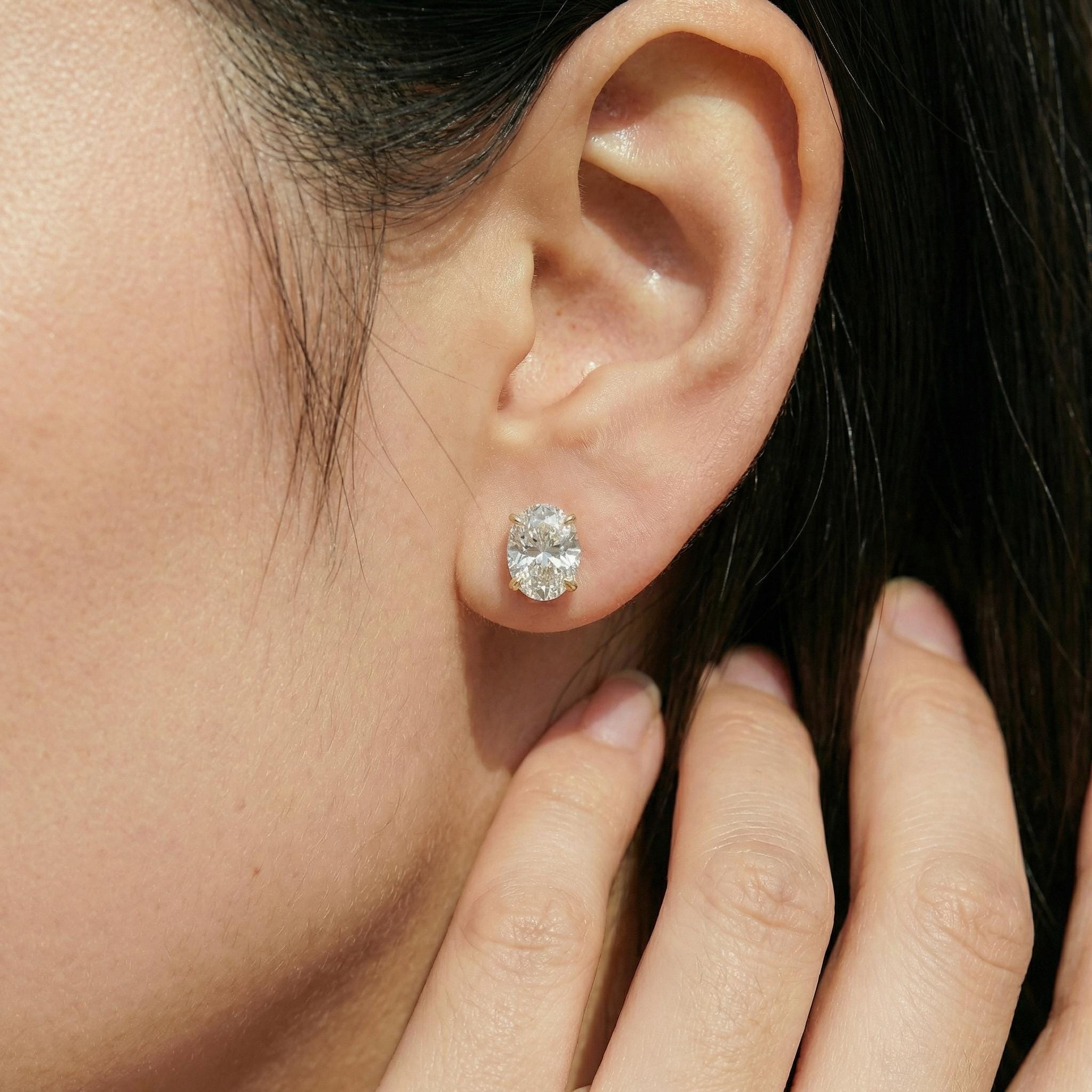 Oval Moissanite Stud Earrings in Sterling Silver or Solid Gold