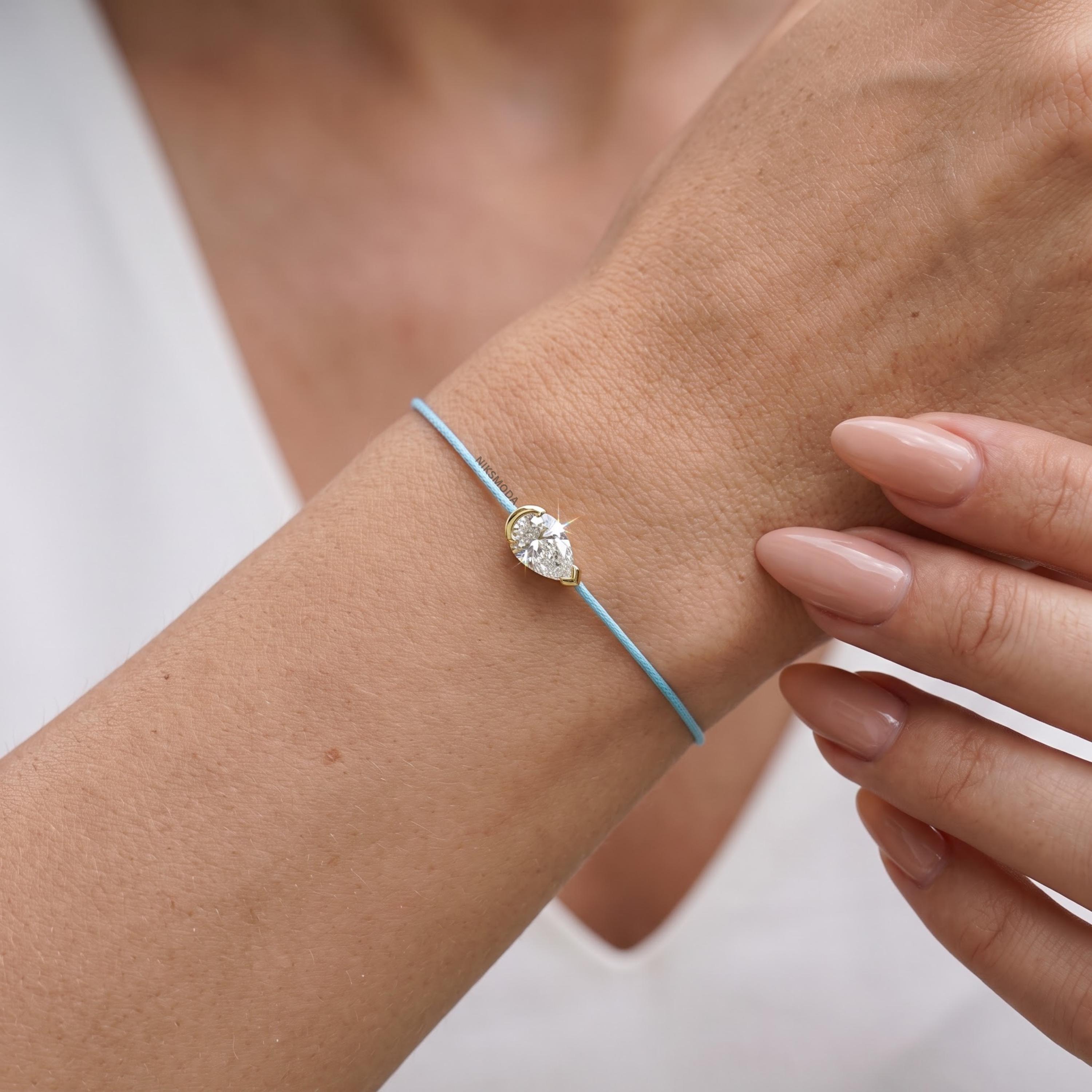 Pear Cut Lab Grown Diamond Bracelet in 925 Sterling Silver with Light Blue Cord