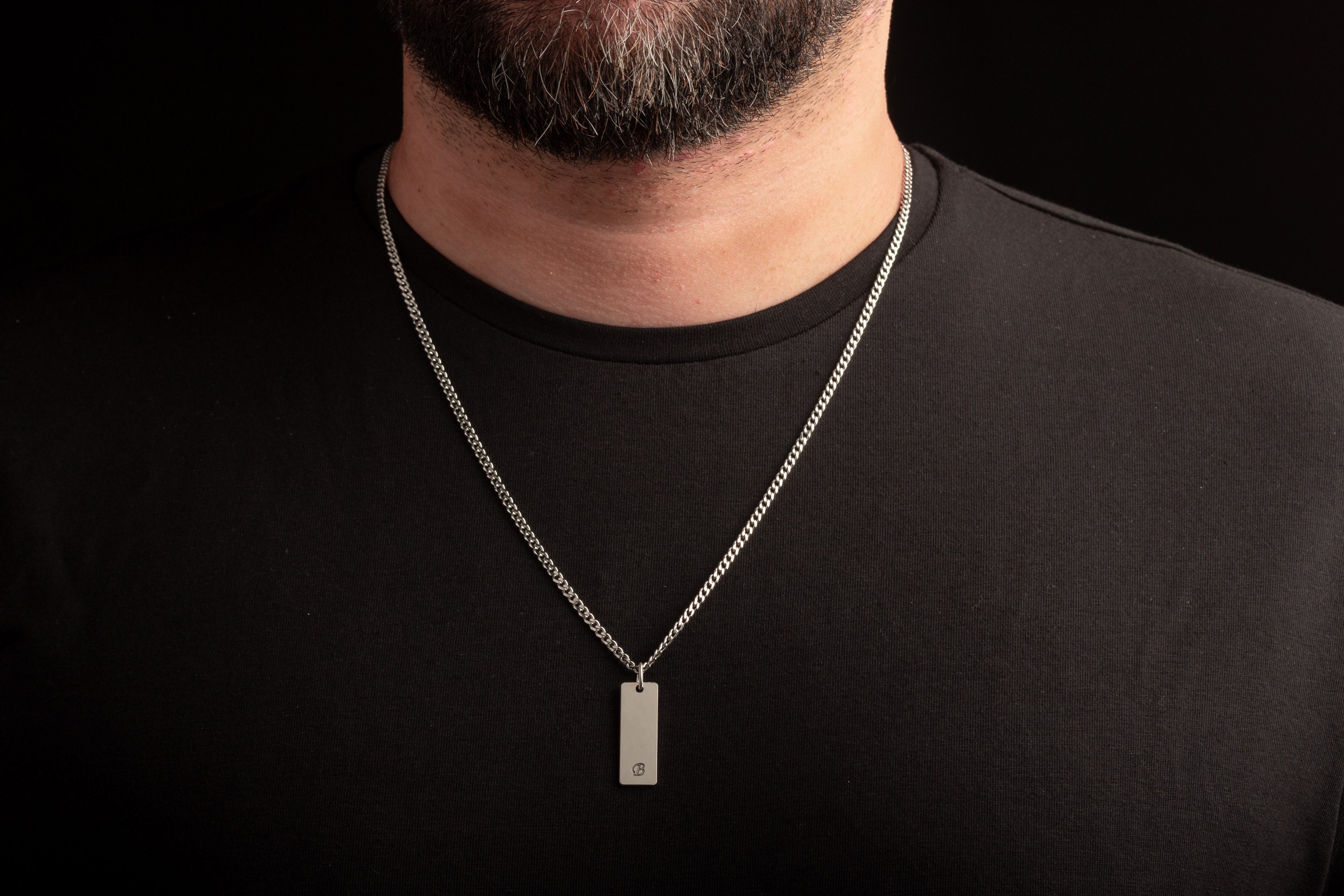 Engraved Sterling Silver Bar Necklace for Men with Curb Chain