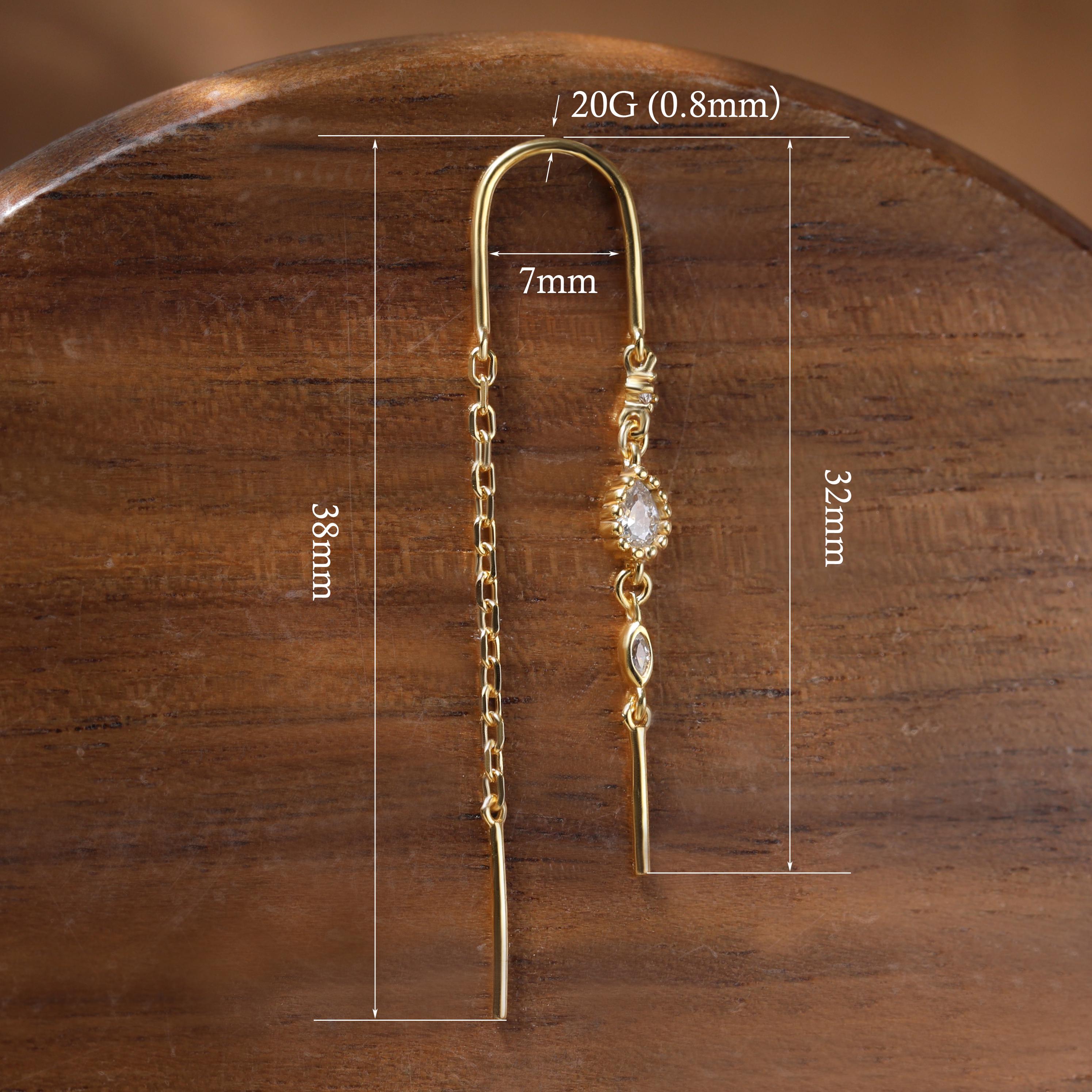 14K Gold Plated Threader Earring with Cubic Zirconia and Curved Bar