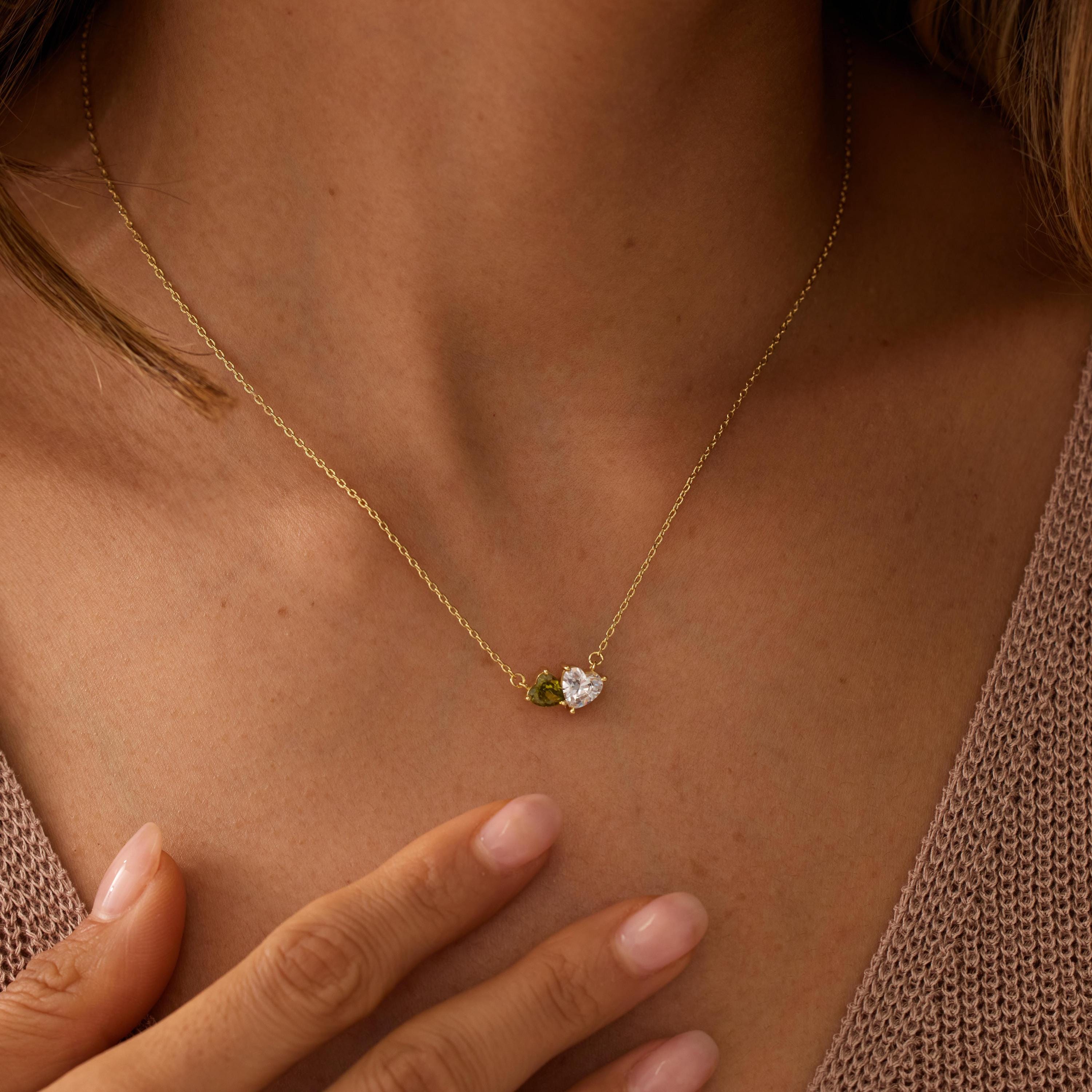 Two Heart Birthstone Necklace in 14K Gold Plating with Two Custom Months