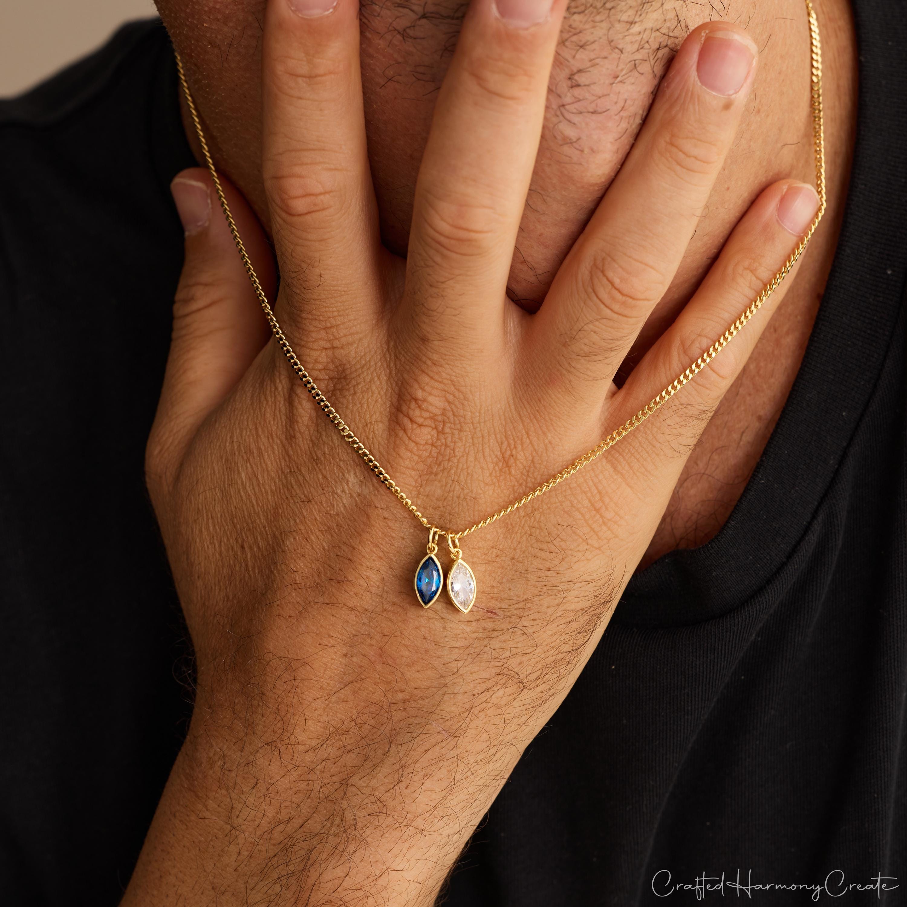 Custom Birthstone Necklace for Him with Leaf Pendant and Cubic Zirconia