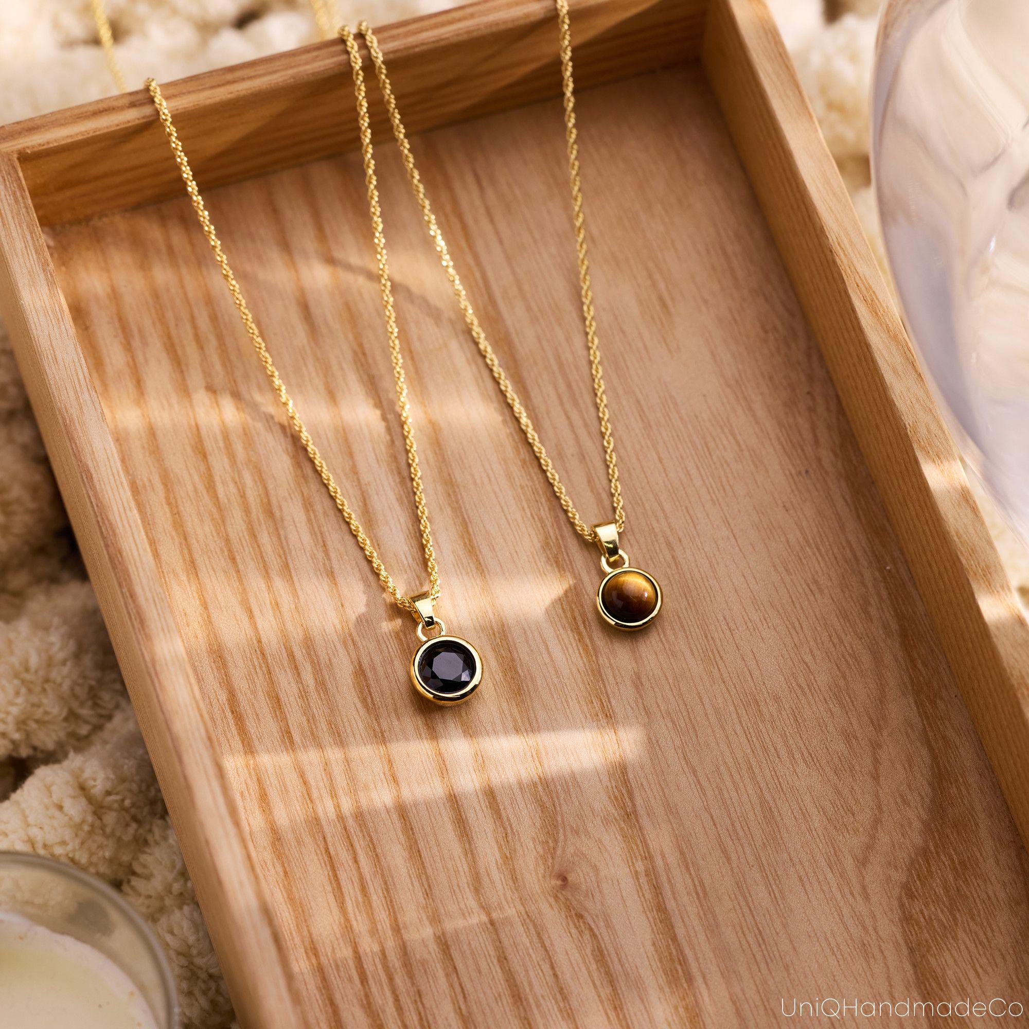 Men's Birthstone Necklace with Black Onyx or Tiger Eye on a Curb Chain