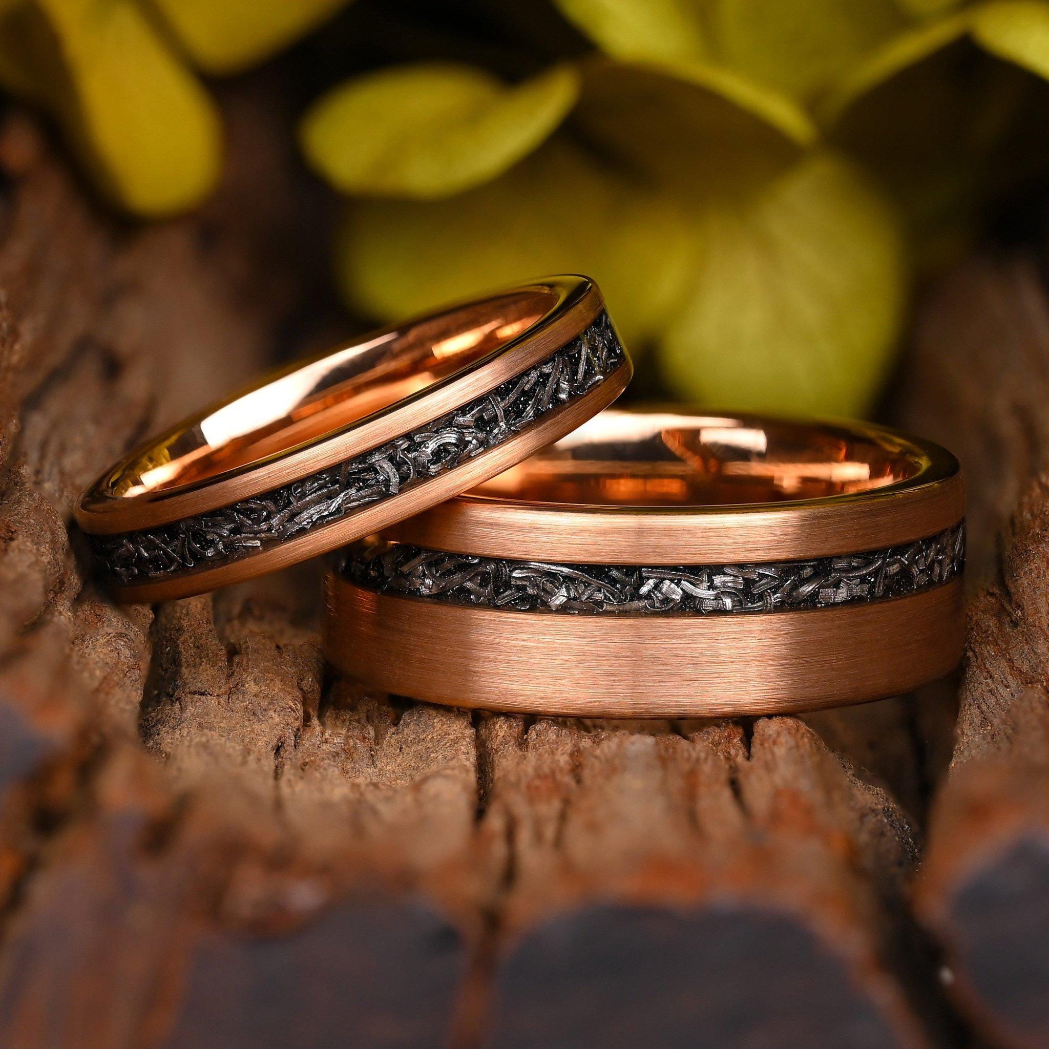 Hammered Meteorite Tungsten Couple Ring Set, 8mm and 4mm