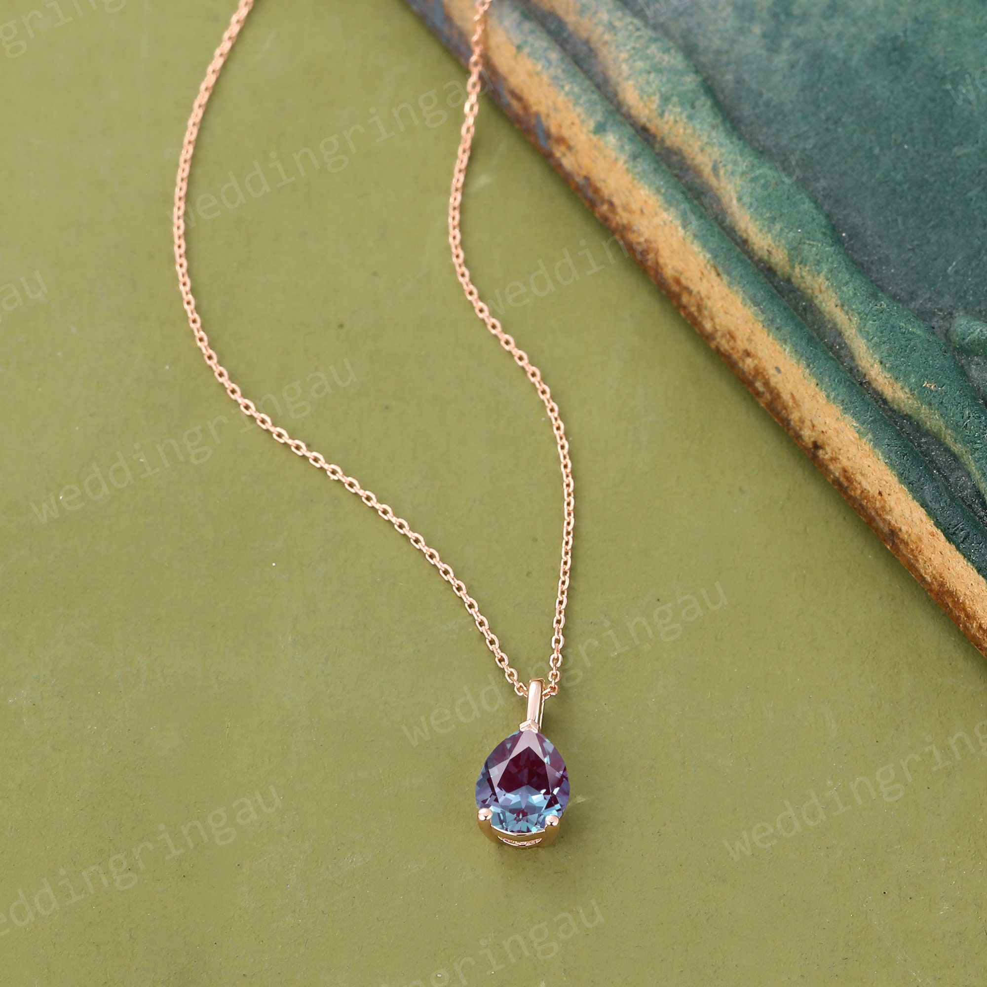 Pear Alexandrite Necklace in Solid Rose Gold, June Birthstone Pendant
