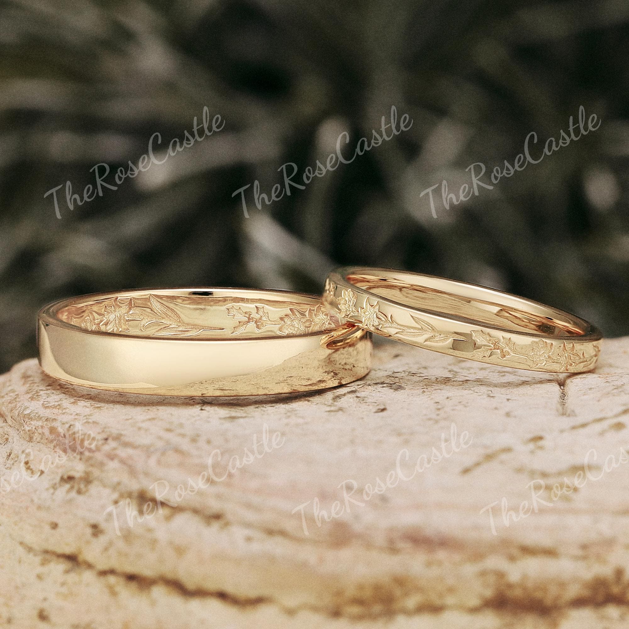 Floral Engraved Wedding Band Set, Matching Couple Bands