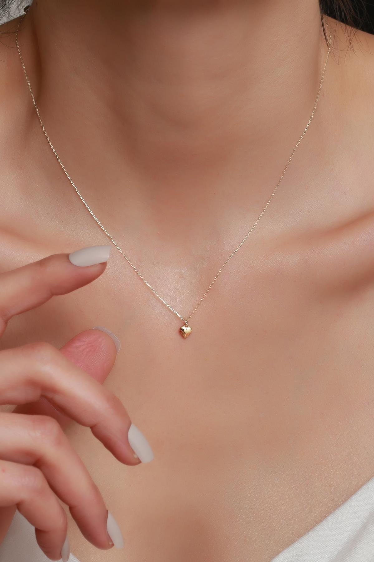14K Solid Gold Dainty Heart Necklace with Minimalist Love Pendant
