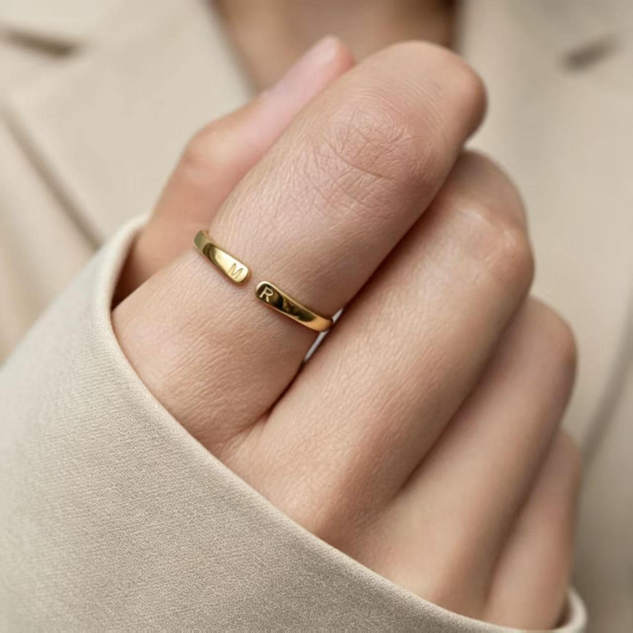 Custom Engraved Double Initial Ring, 18K Gold Plated Steel