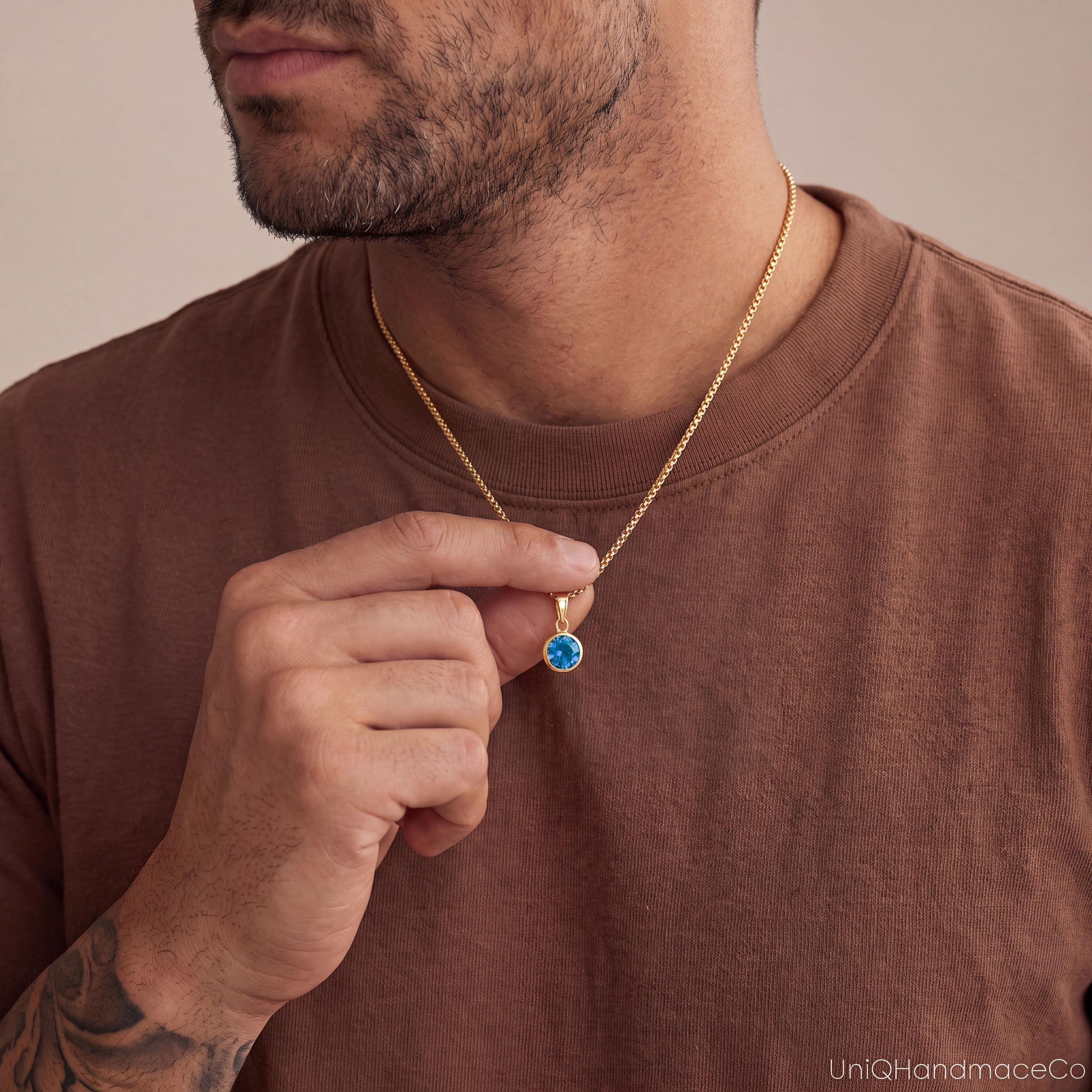 Men's Birthstone Necklace with Black Onyx or Tiger Eye on a Curb Chain