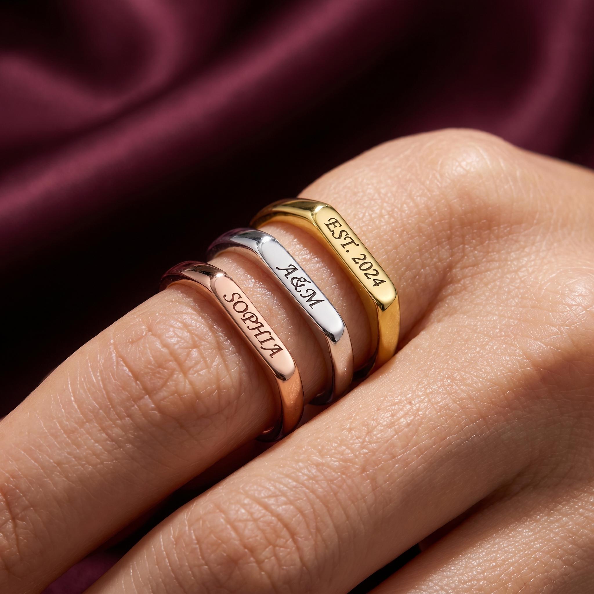 14K Solid Gold Engraved Bar Name Ring, Custom Signet Band