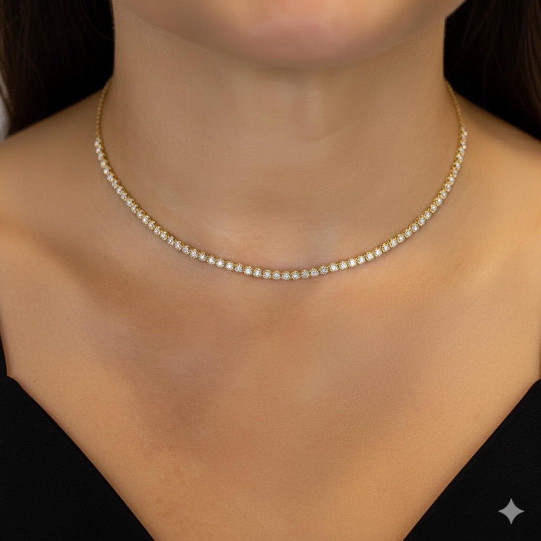 14K Gold Natural Diamond Tennis Choker Necklace with Adjustable Drawstring