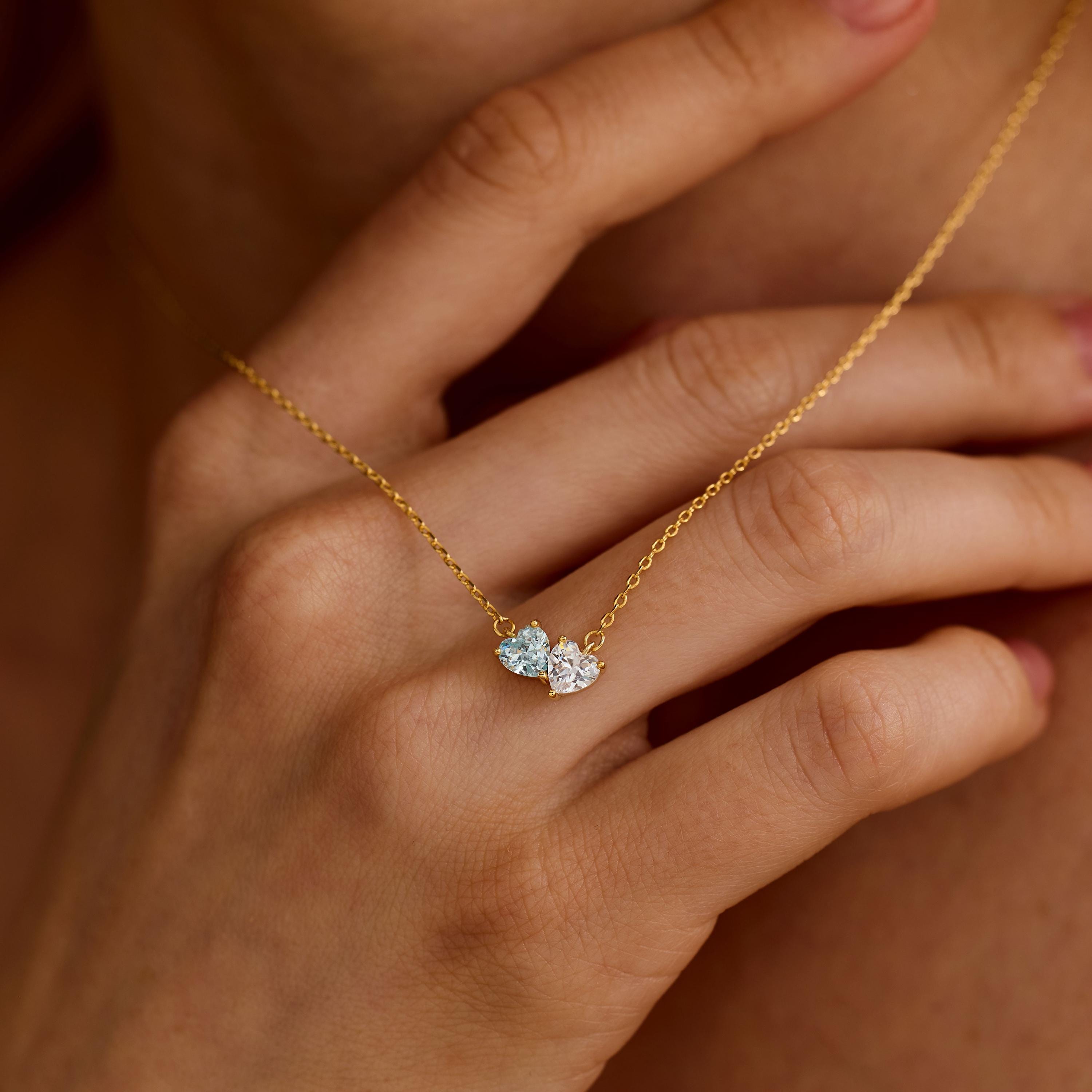 Dainty Two Heart Birthstone Couple Necklace in Gold Plated Brass