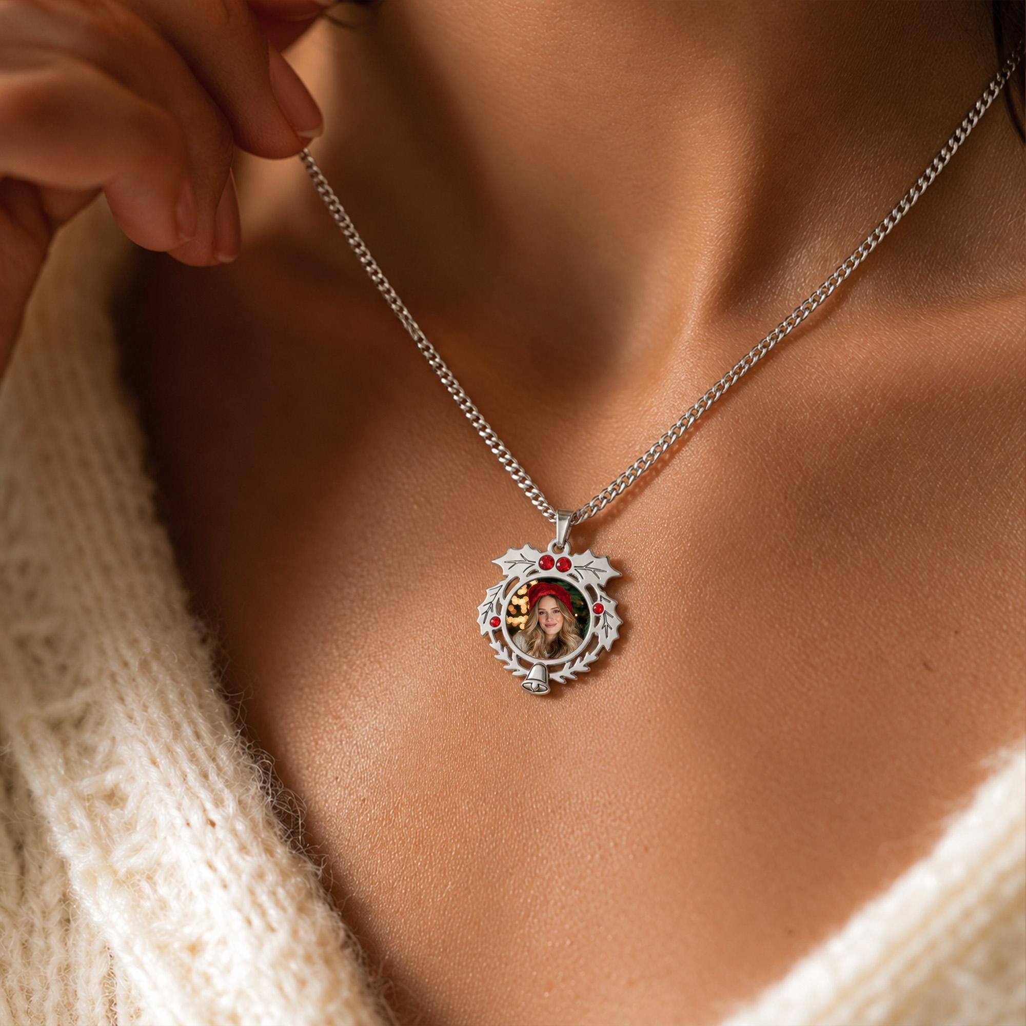 Christmas Wreath Photo Necklace with Red Cubic Zirconia
