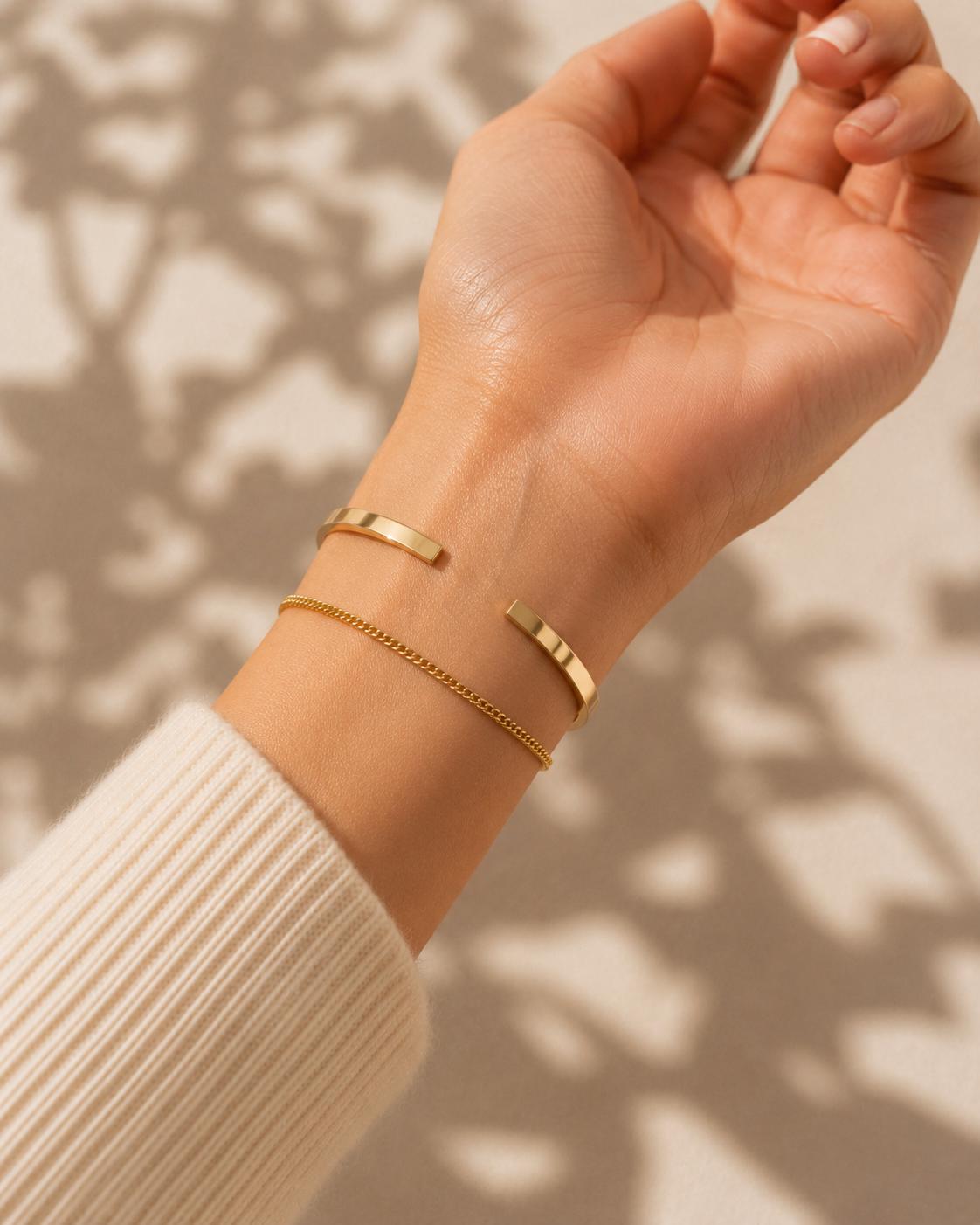 Personalized Stackable Name Cuff Bracelet with Dainty Curb Chain