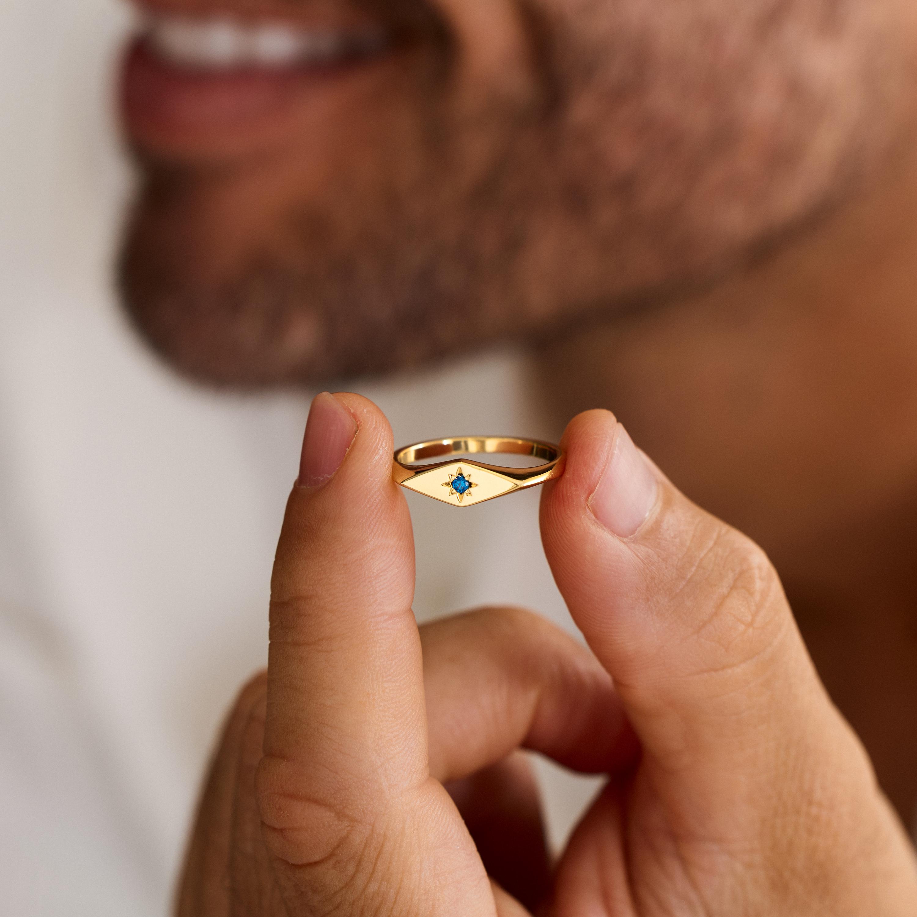 Birthstone Signet Ring With Star Setting for Men
