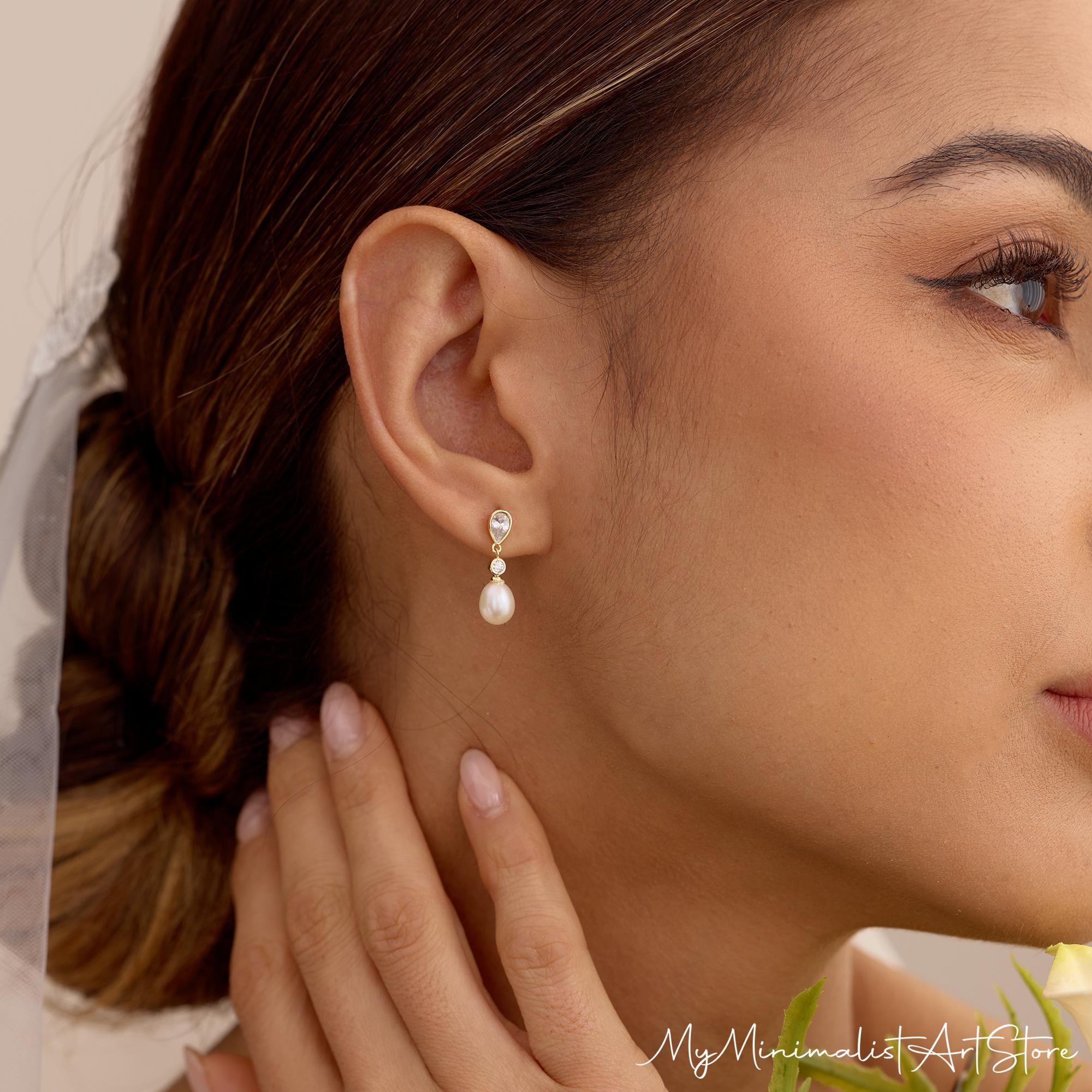 Natural Freshwater Pearl Drop Earrings with Cubic Zirconia Accents