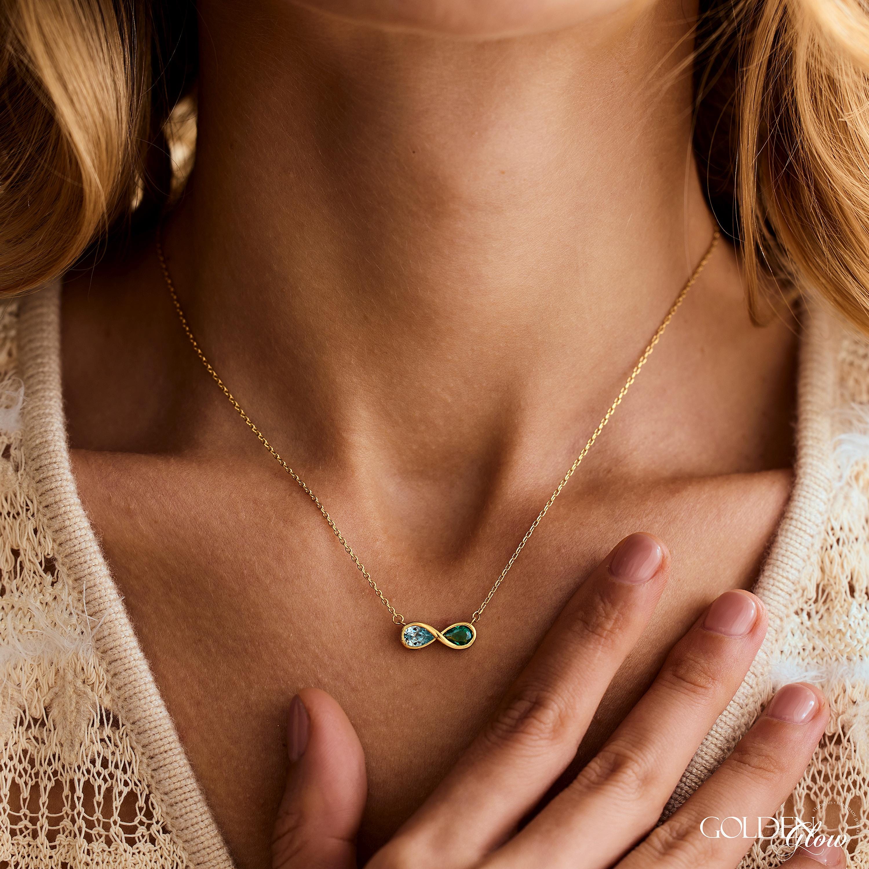 Custom Infinity Birthstone Necklace with Two Stones for Couples