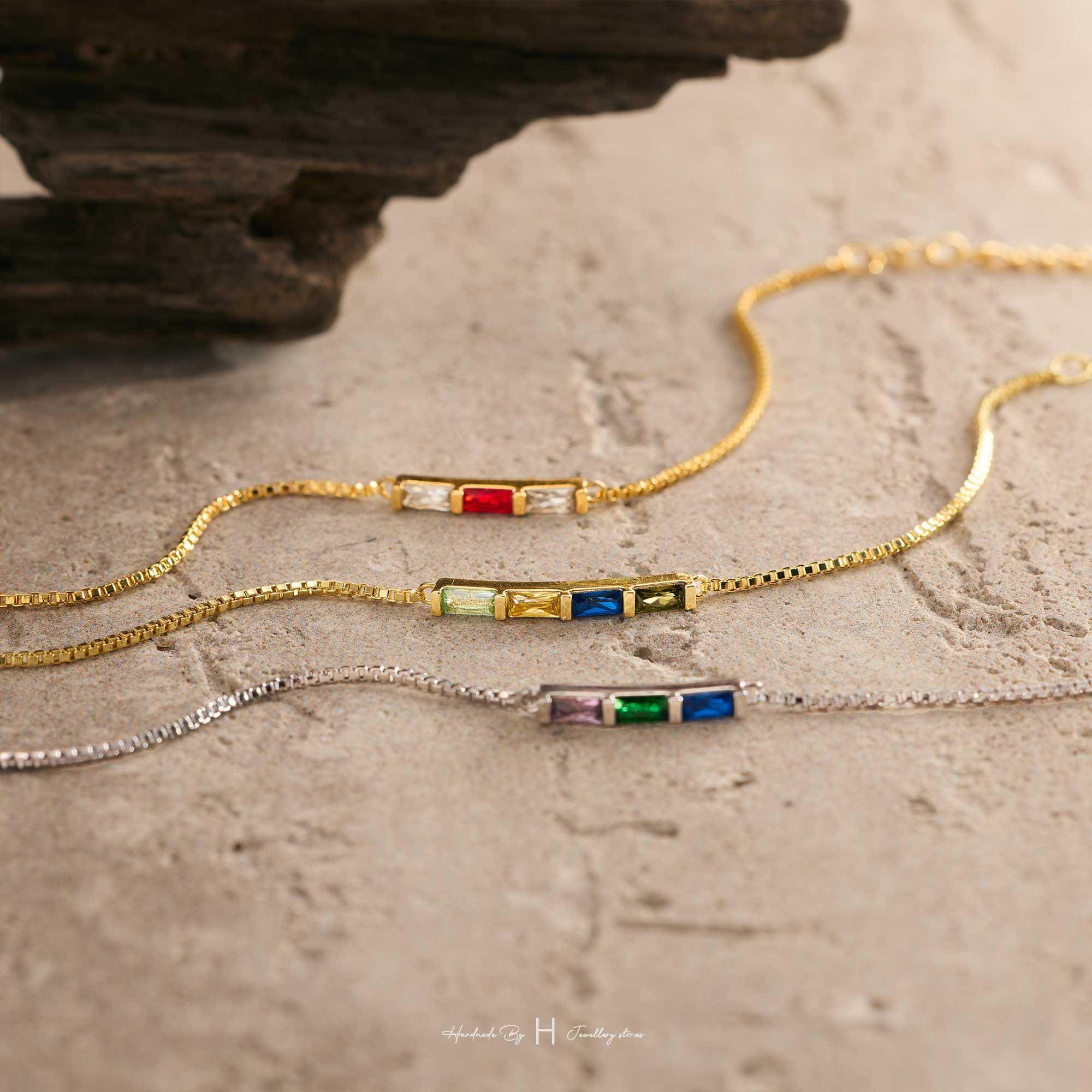 Custom Baguette Birthstone Bracelet in Rose Gold or Silver Plated Copper