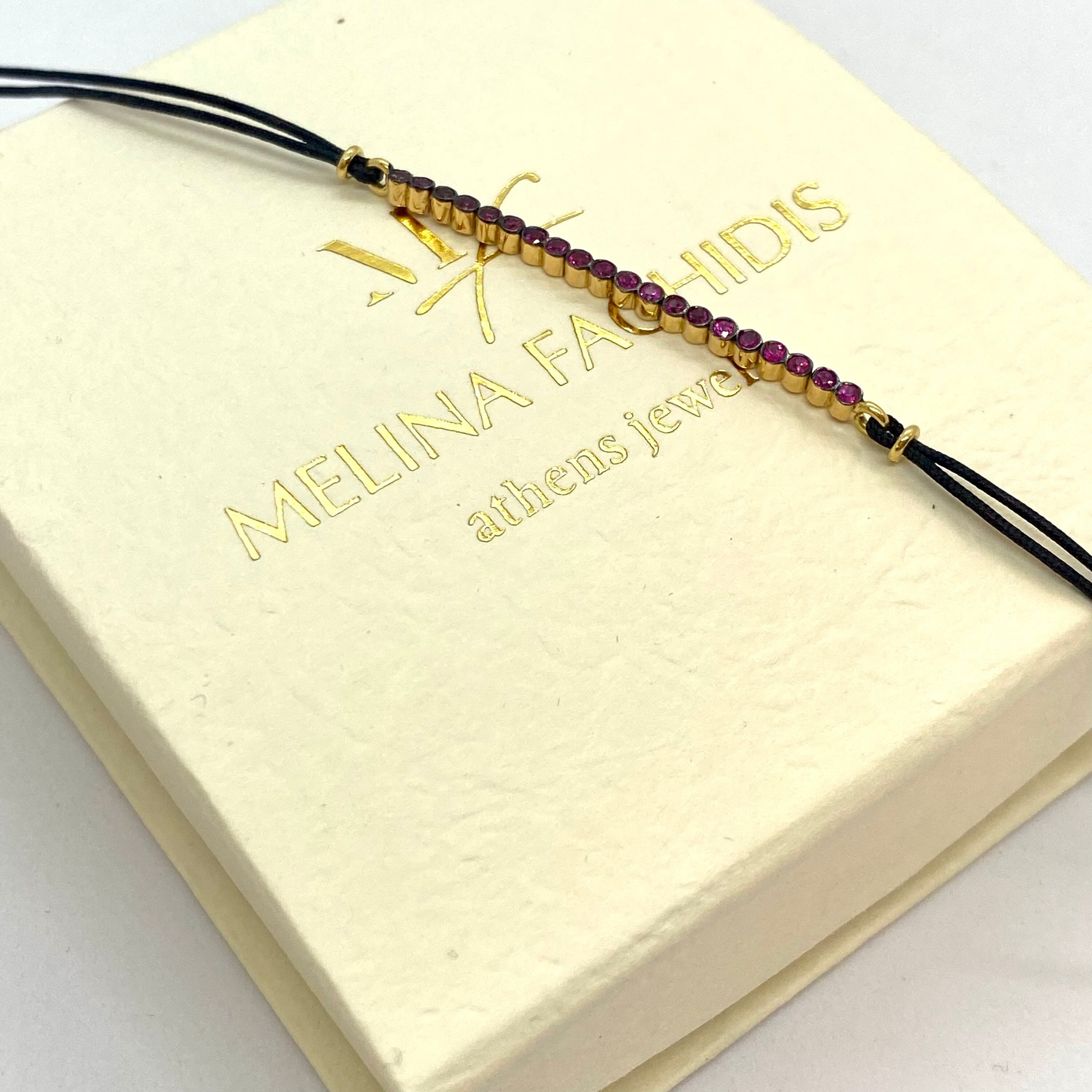 Handmade 18K Yellow Gold Ruby Bar Bracelet with Black Cord