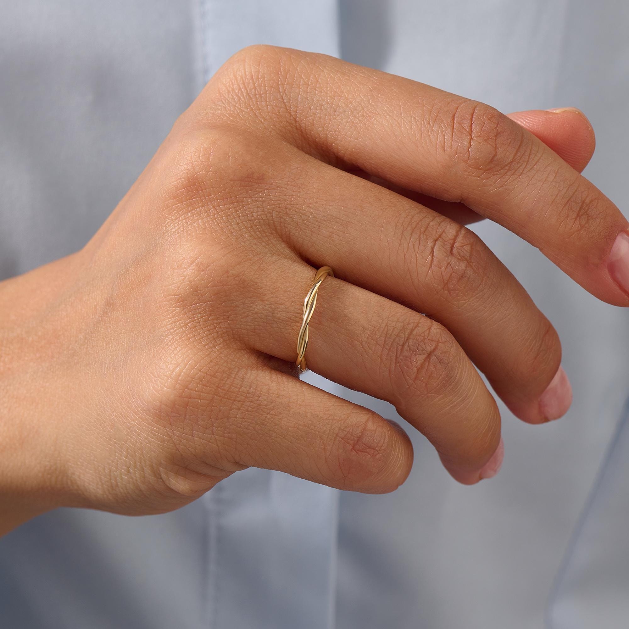 14K Solid Gold Slim Twisted Diamond Band