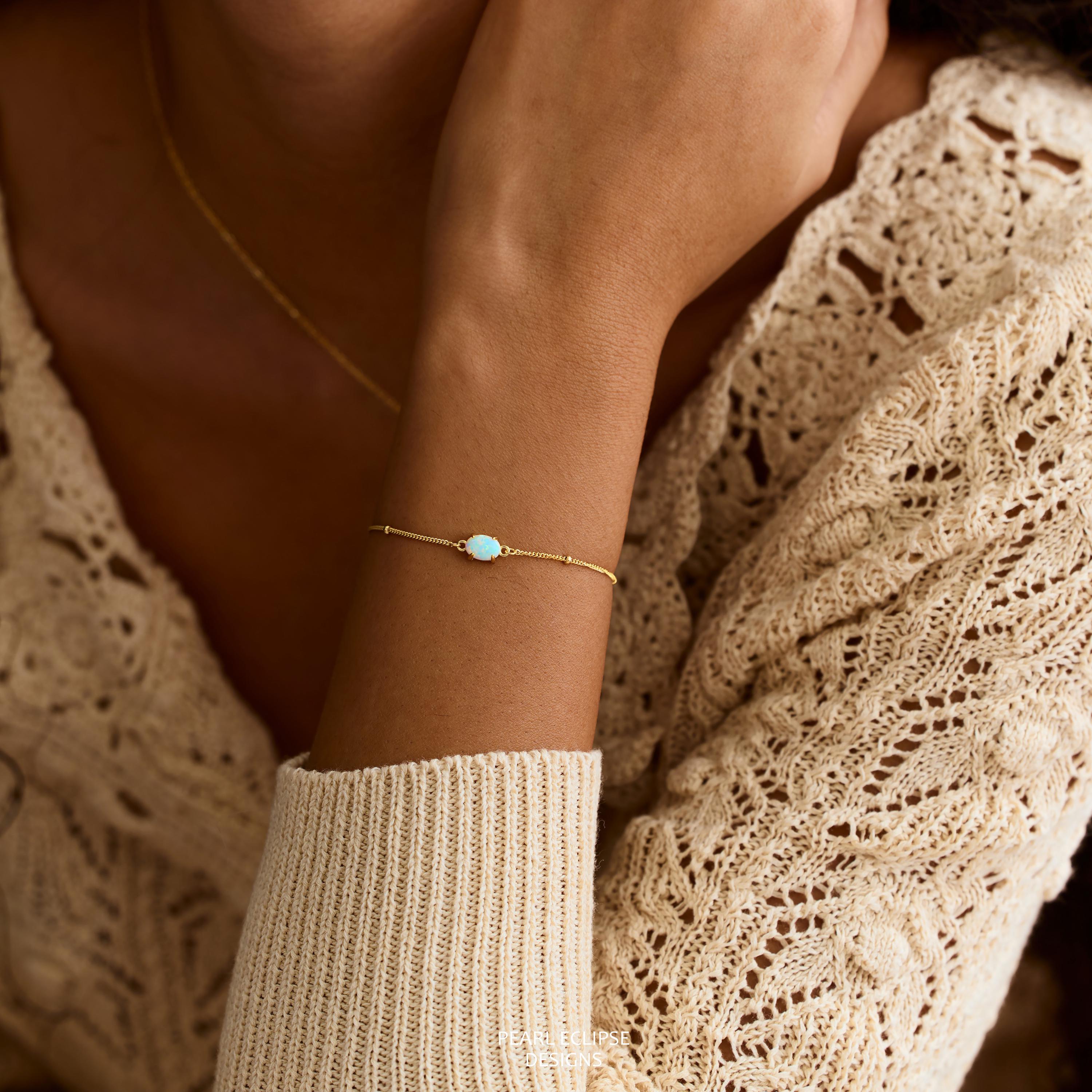Dainty Natural Opal Bracelet on a Minimalist Gold Beaded Chain