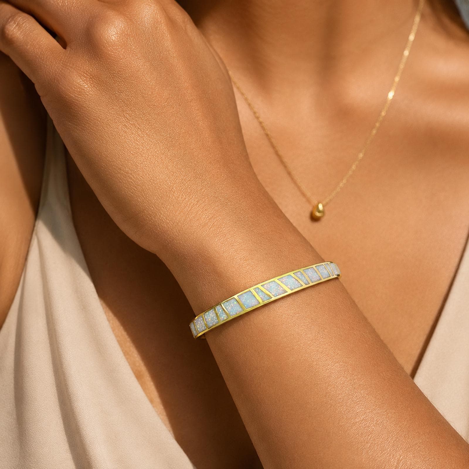 Opal Cuff Bracelet with Custom Engraving in Gold Plated Finish
