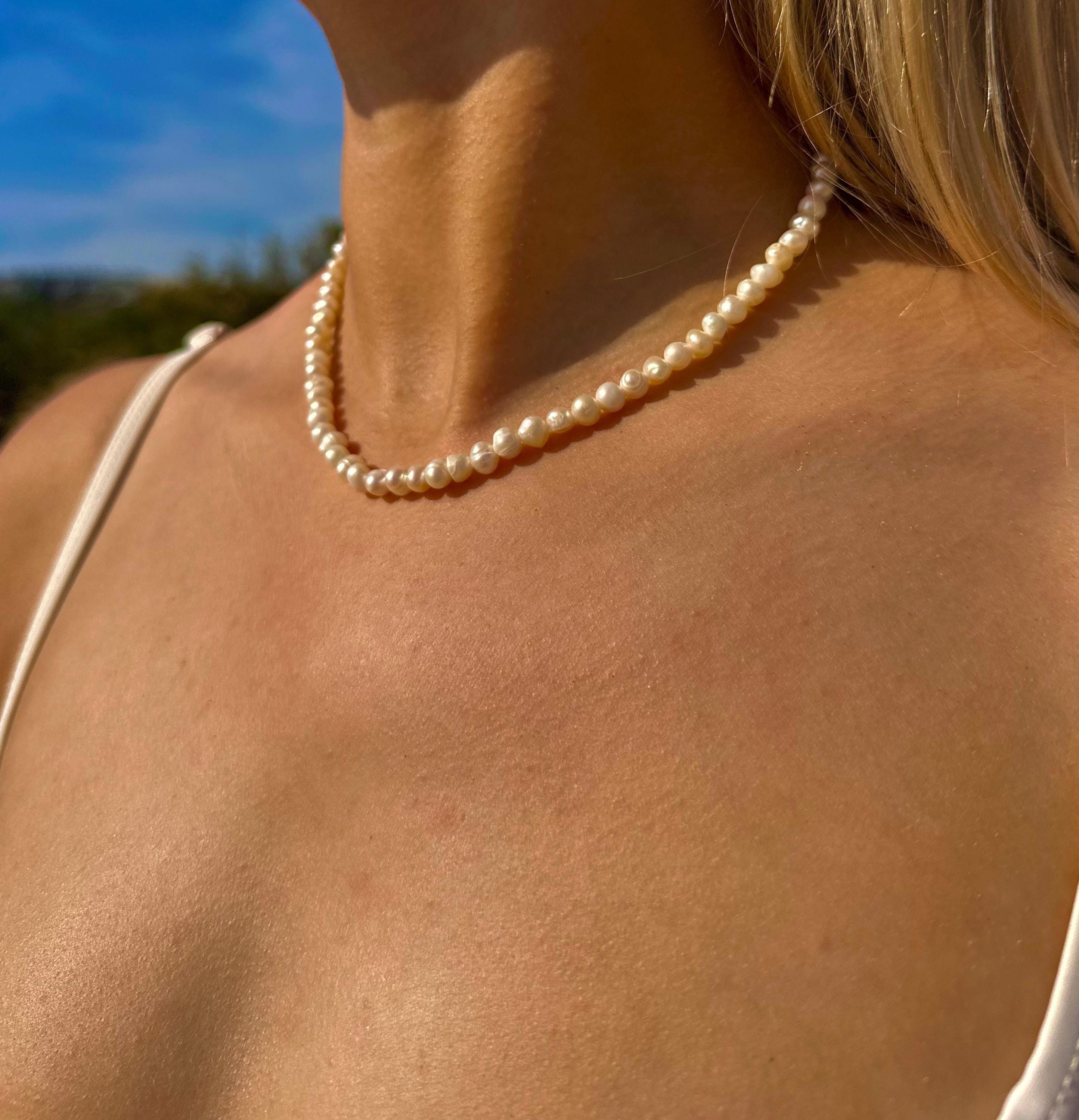 Natural Freshwater Pearl Necklace in Gold or Silver Stainless Steel