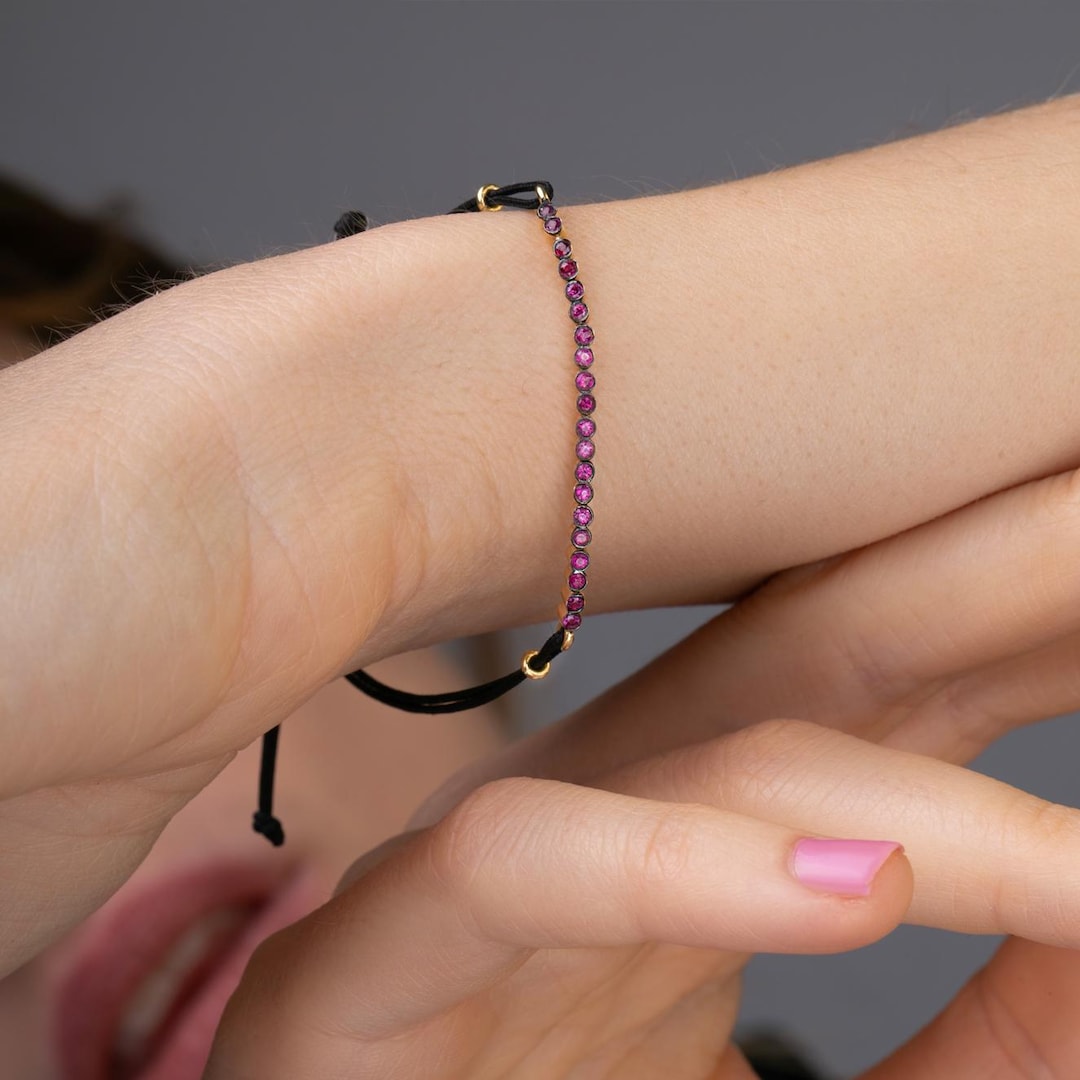 Handmade 18K Yellow Gold Ruby Bar Bracelet with Black Cord