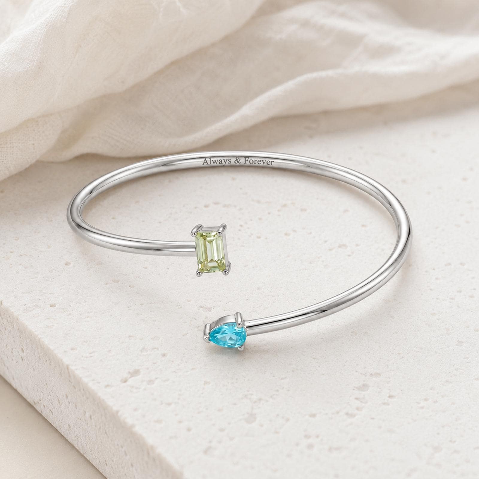 Personalized Double Birthstone Cuff Bangle with Inside Engraving