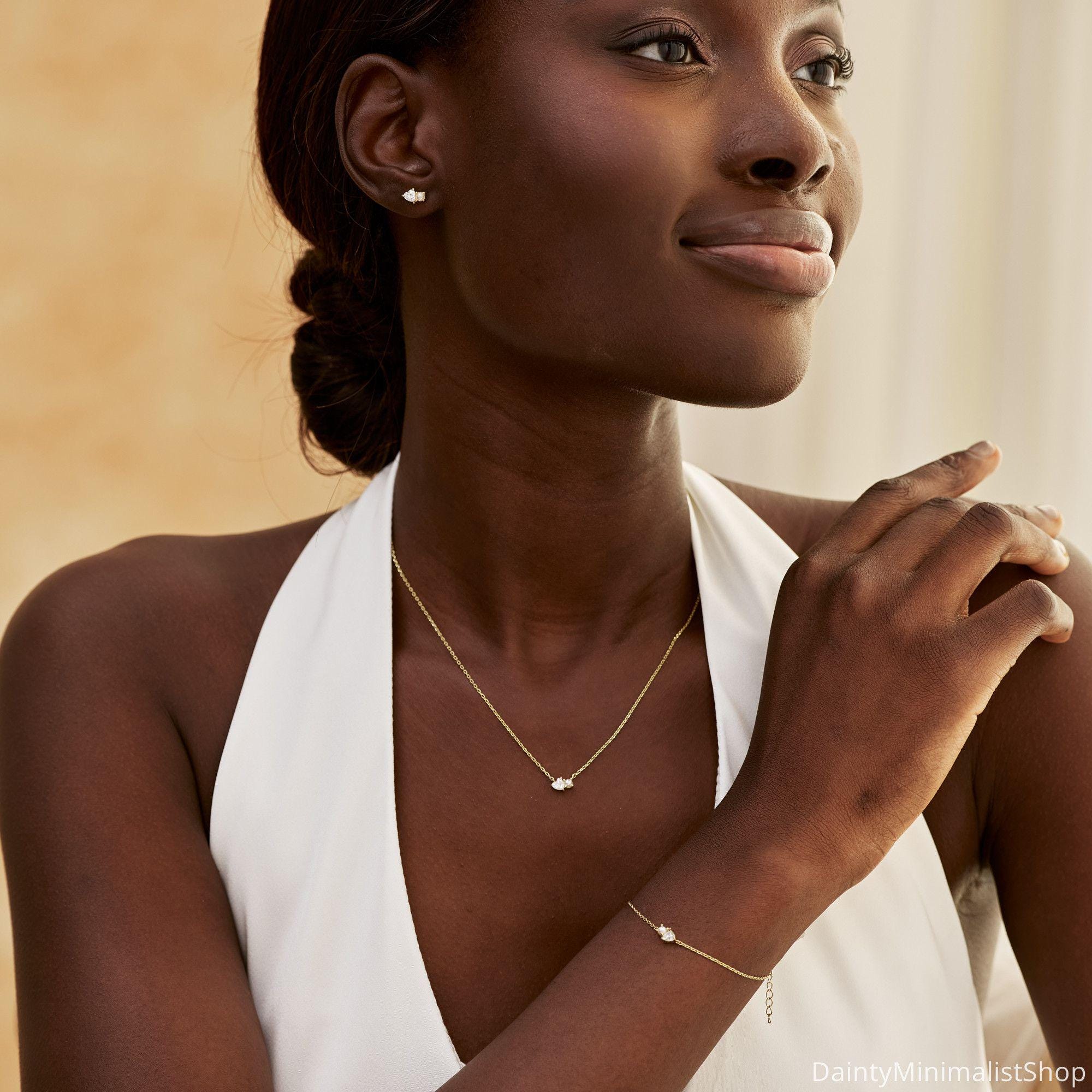 Dainty Pearl Necklace with Heart CZ Diamond in 14K Gold Plated Copper