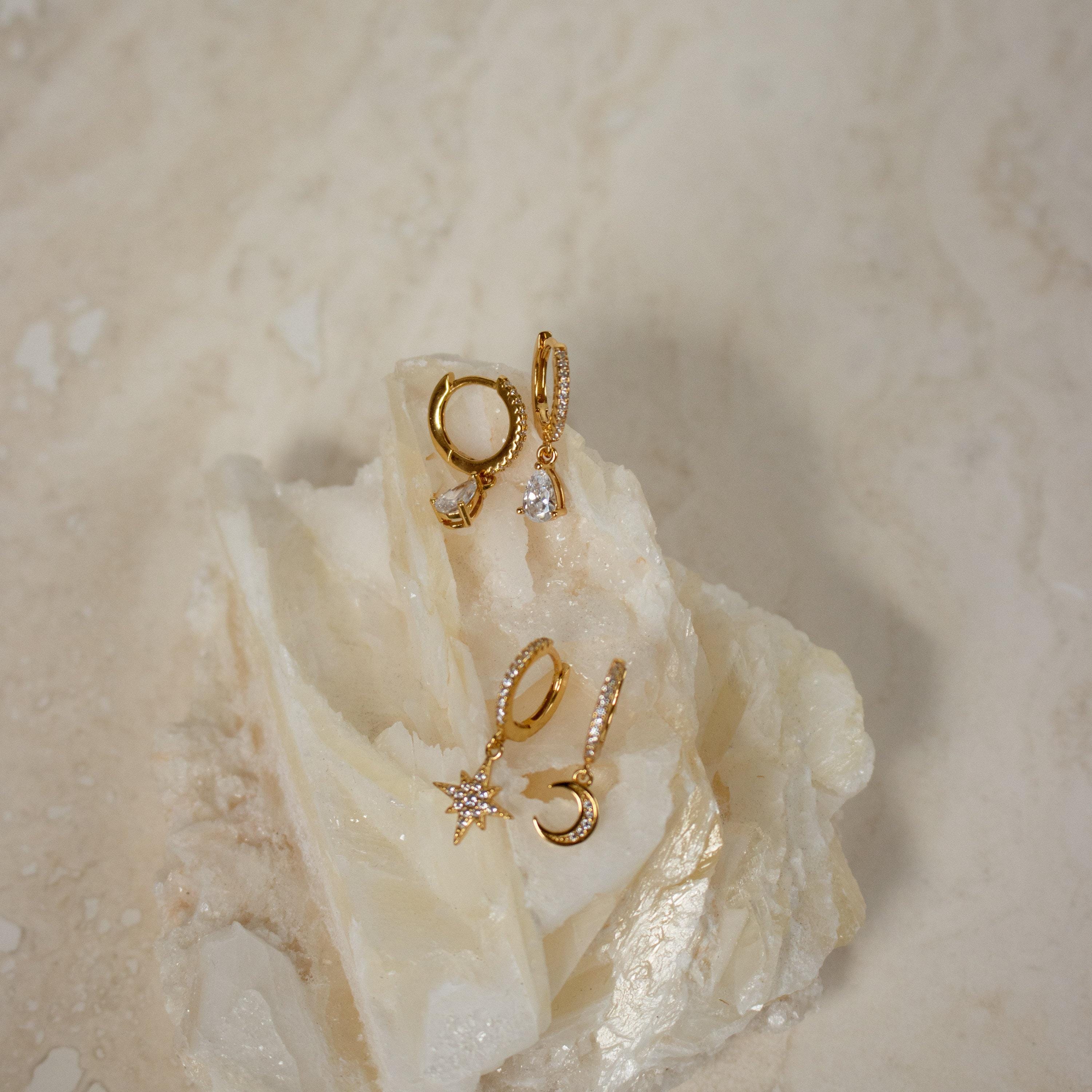 Pave Diamond Huggie Hoop Drop Earrings with Birthstone Charm