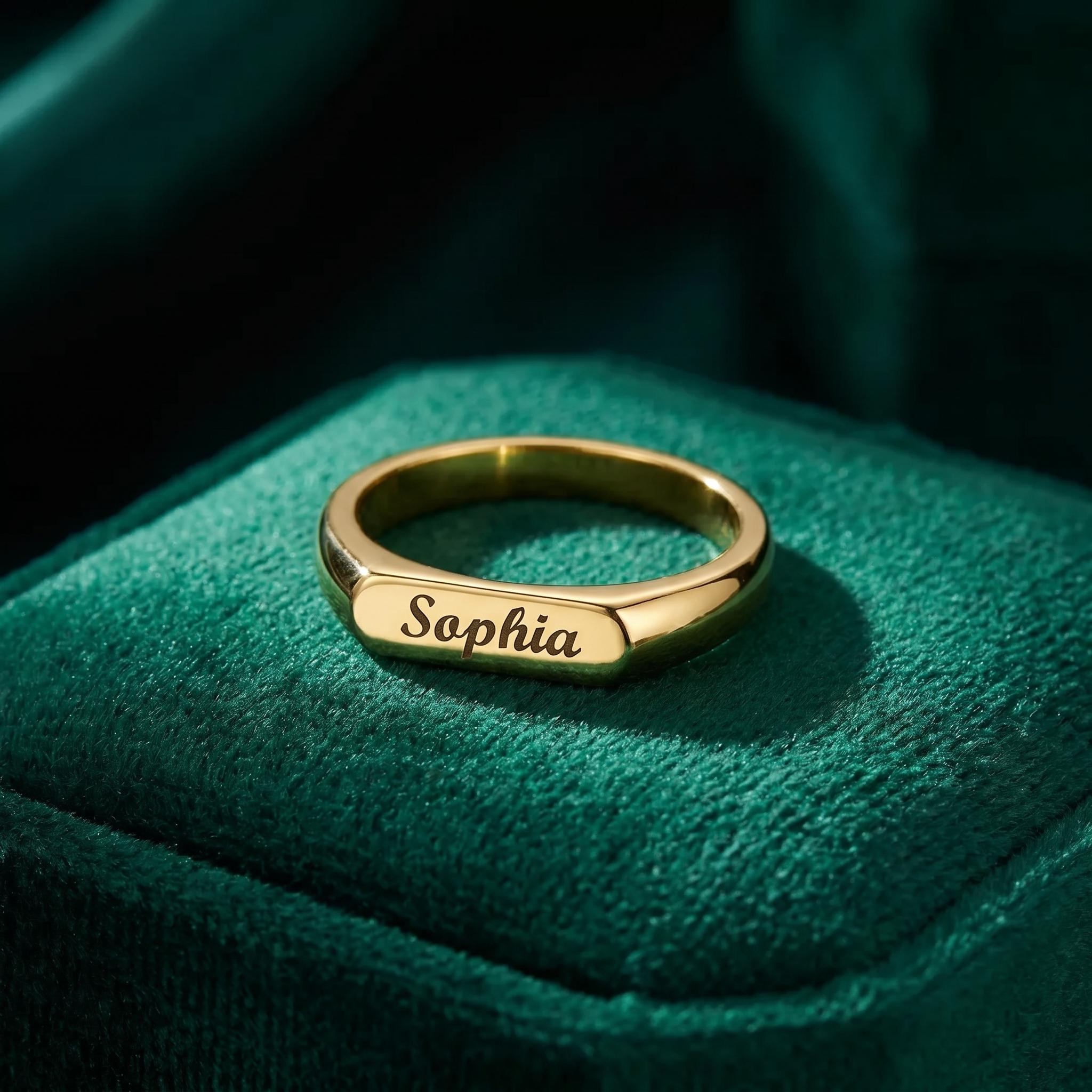 14K Solid Gold Engraved Bar Name Ring, Custom Signet Band