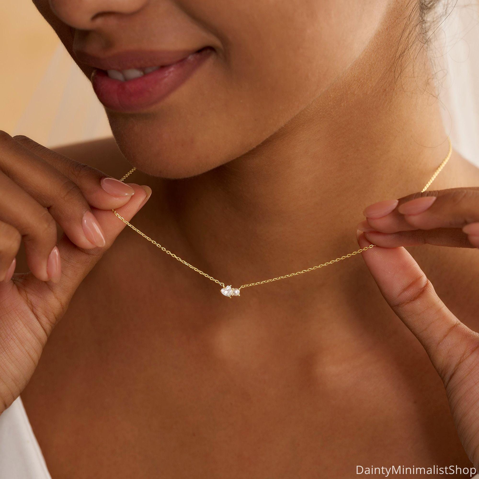 Dainty Pearl Necklace with Heart CZ Diamond in 14K Gold Plated Copper