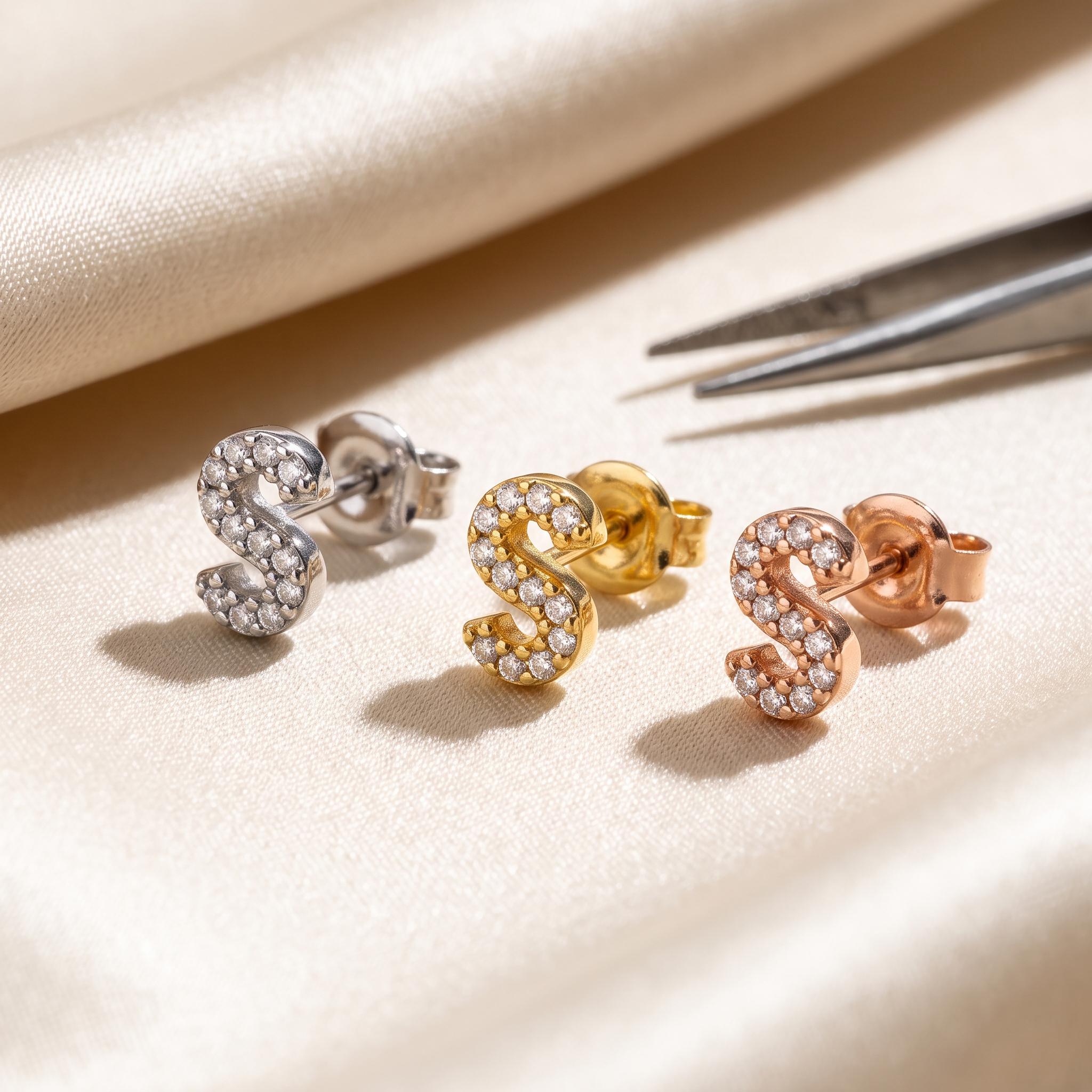 Petite Initial Stud Earrings with Zircon Accents