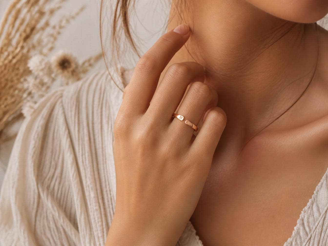 Custom Engraved Double Initial Ring, 18K Gold Plated Steel
