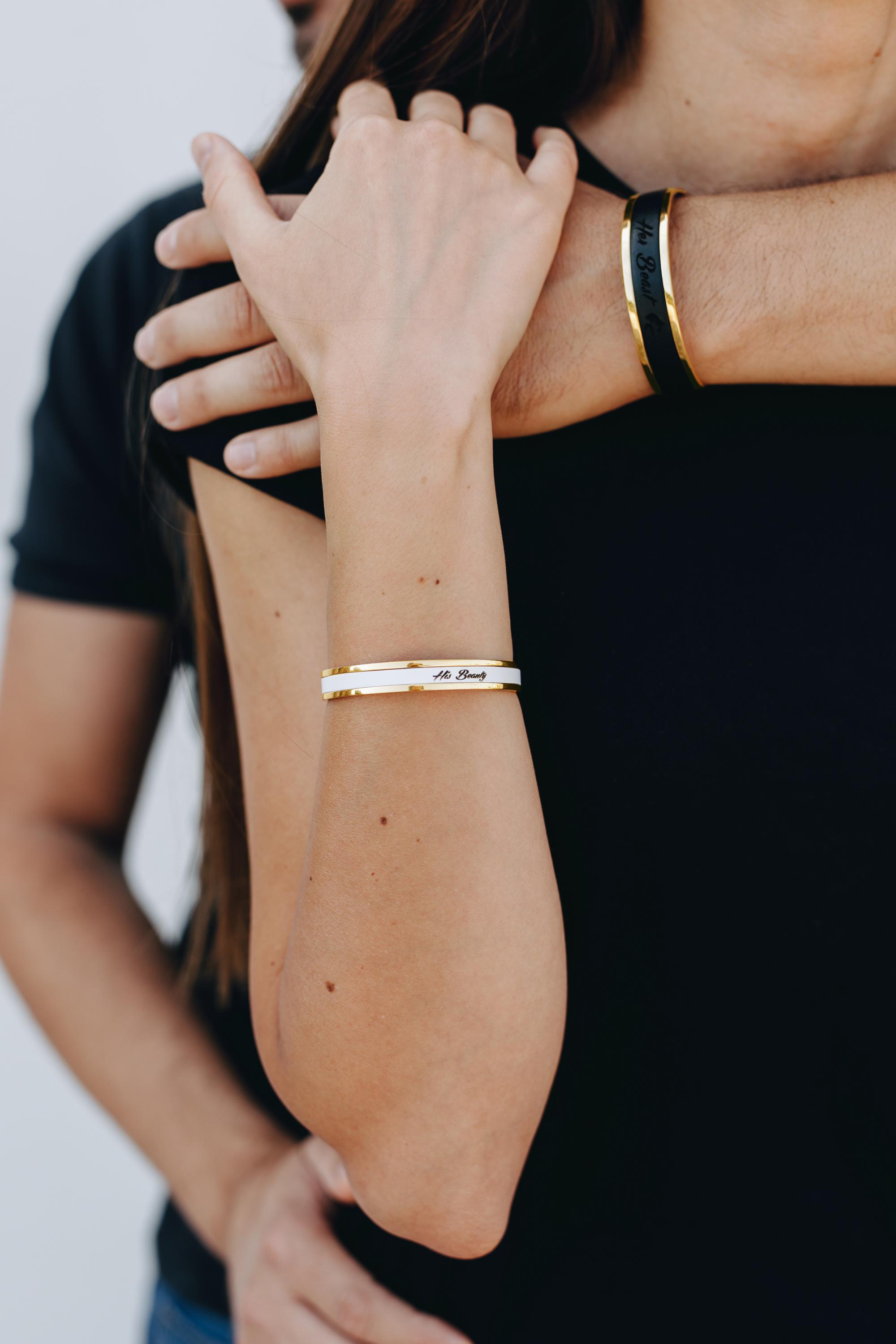 Personalized Leather and Stainless Steel Couple Cuff Bracelet Set