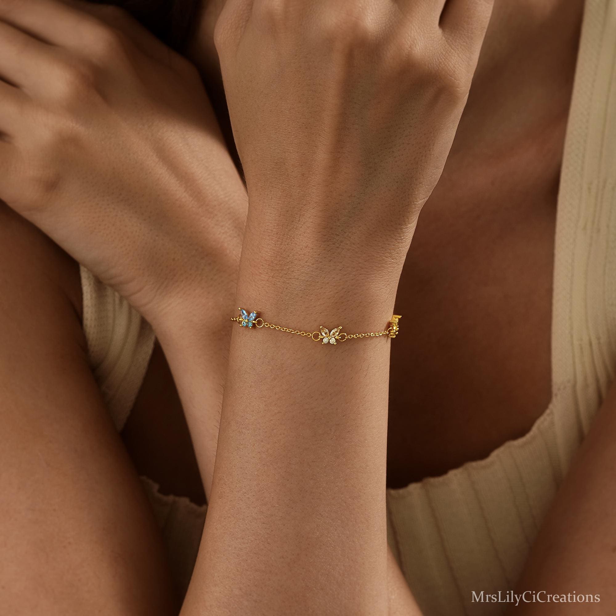 Custom Butterfly Birthstone Bracelet in Silver or 18K Gold Plate