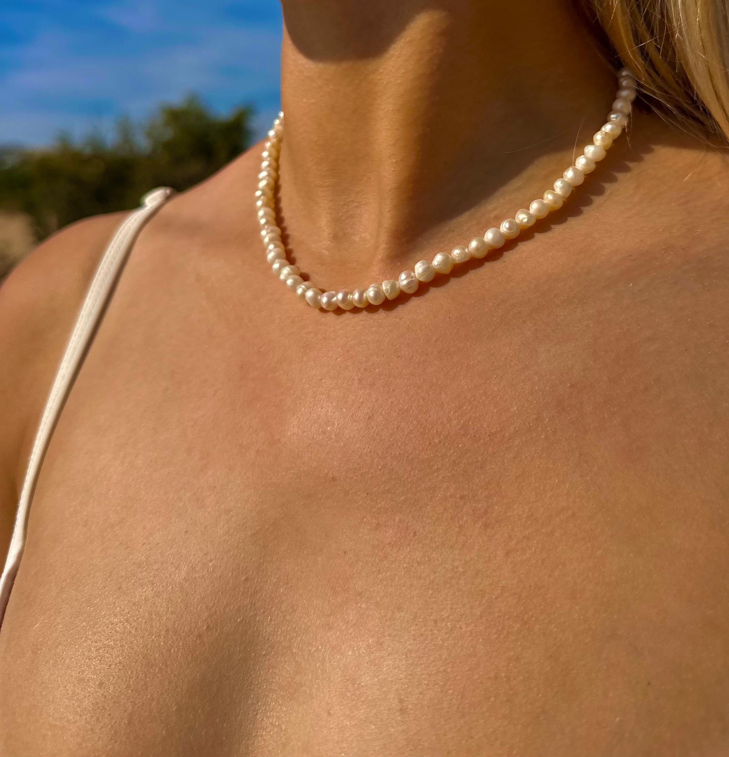 Natural Freshwater Pearl Necklace in Gold or Silver Stainless Steel