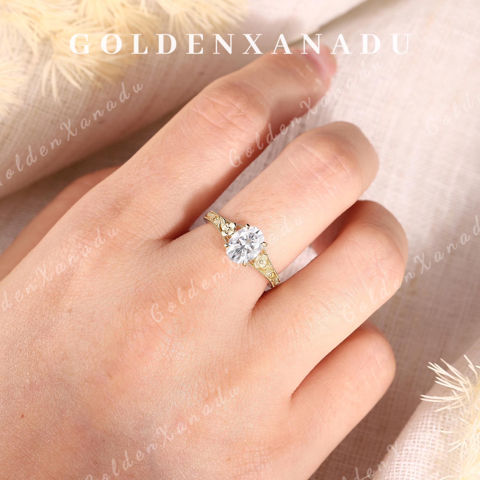 Vintage Floral Moissanite Engagement Ring, Oval Cut