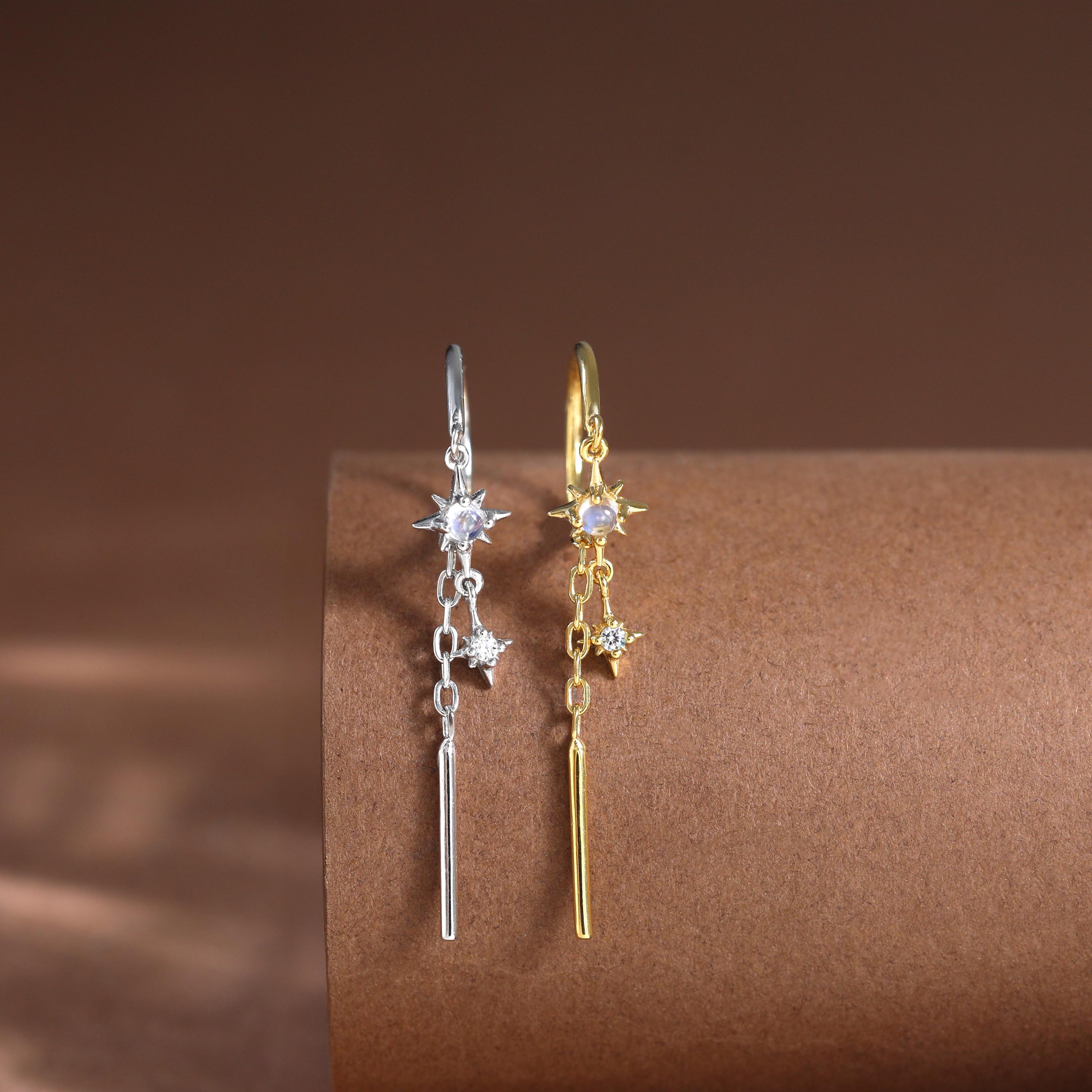 14K Gold Plated Moonstone and Moissanite Star Threader Earring