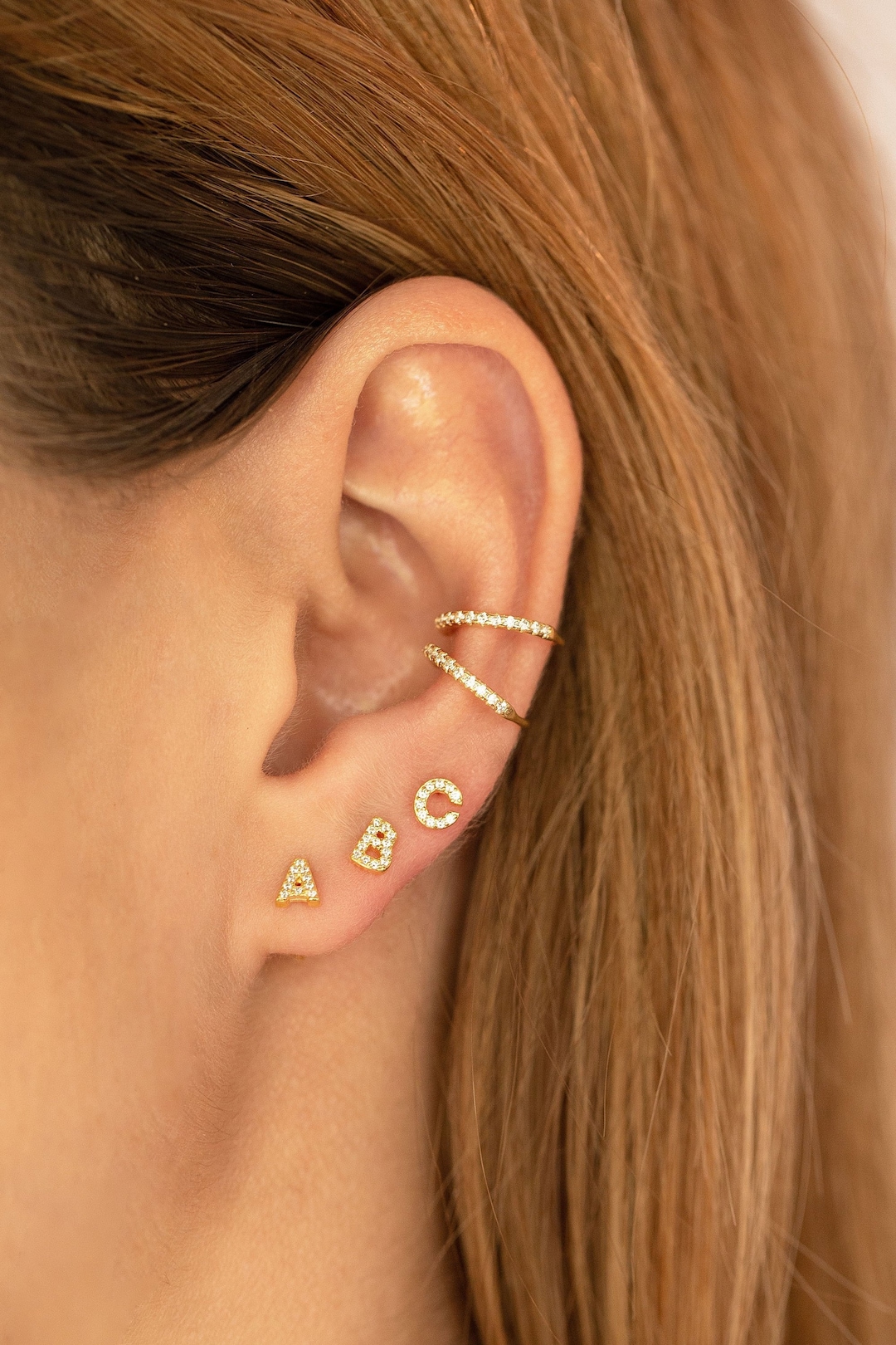 Small Initial Letter Stud Earrings with Cubic Zirconia