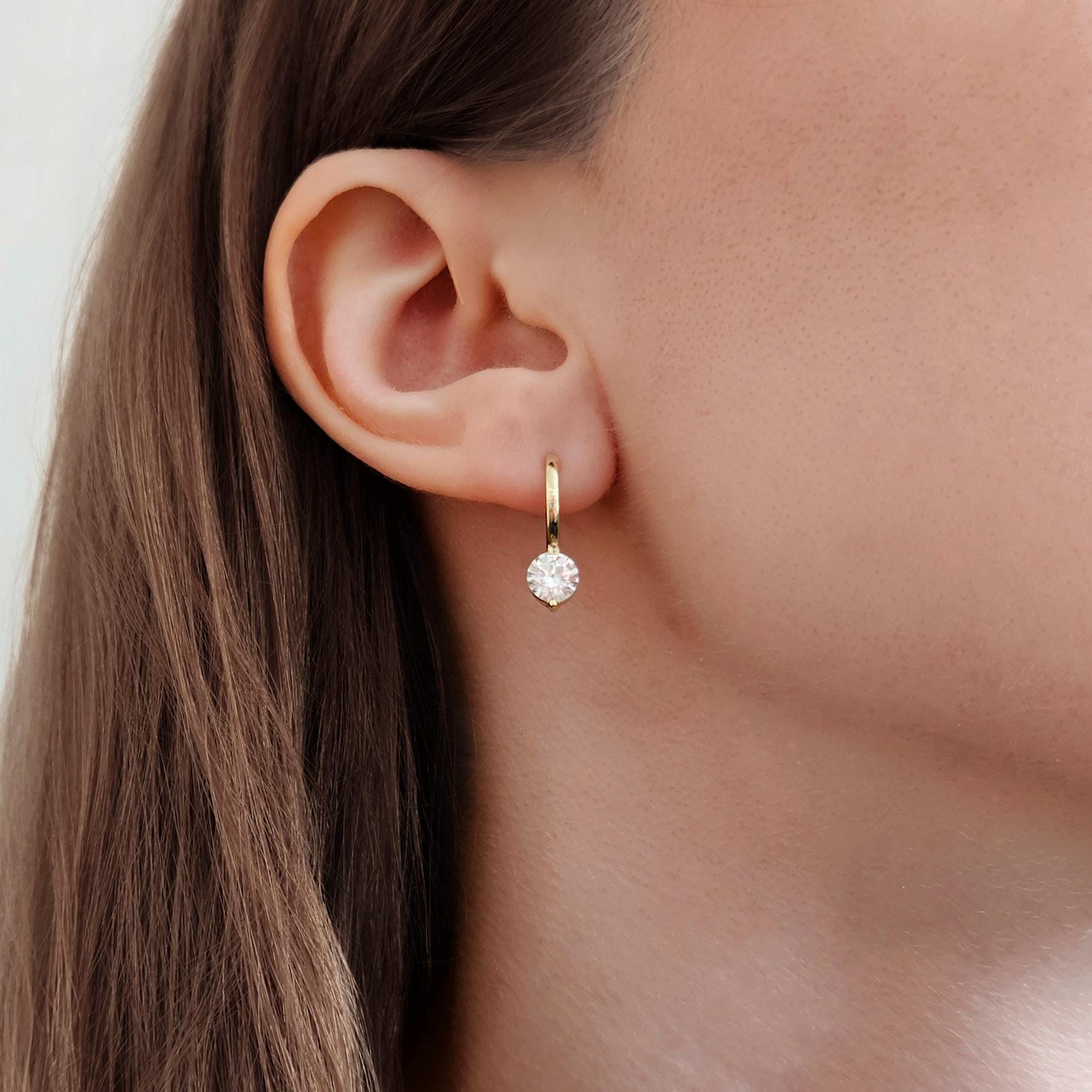 Round Cut Solitaire Drop Huggie Earrings in Gold or Silver
