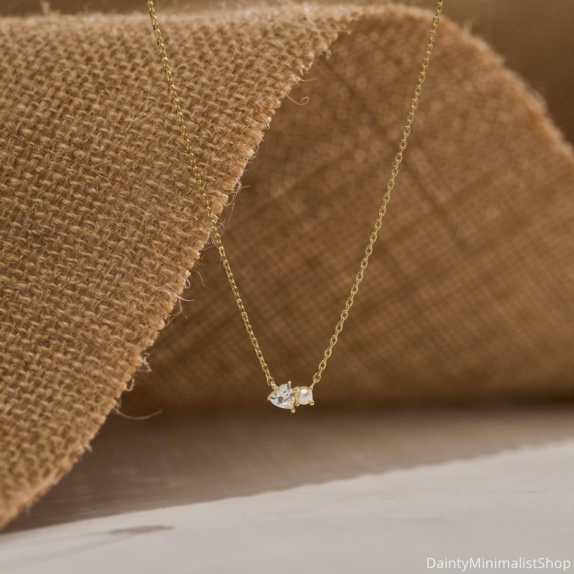 Dainty Pearl Necklace with Heart CZ Diamond in 14K Gold Plated Copper