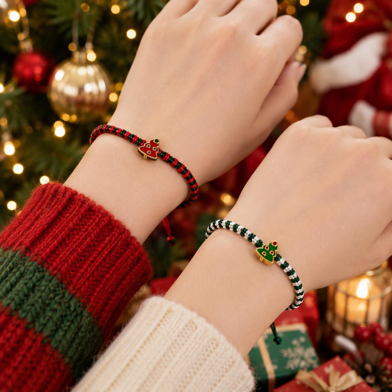 Handwoven Christmas Bracelet with Red and Green Cord and Tree Charm