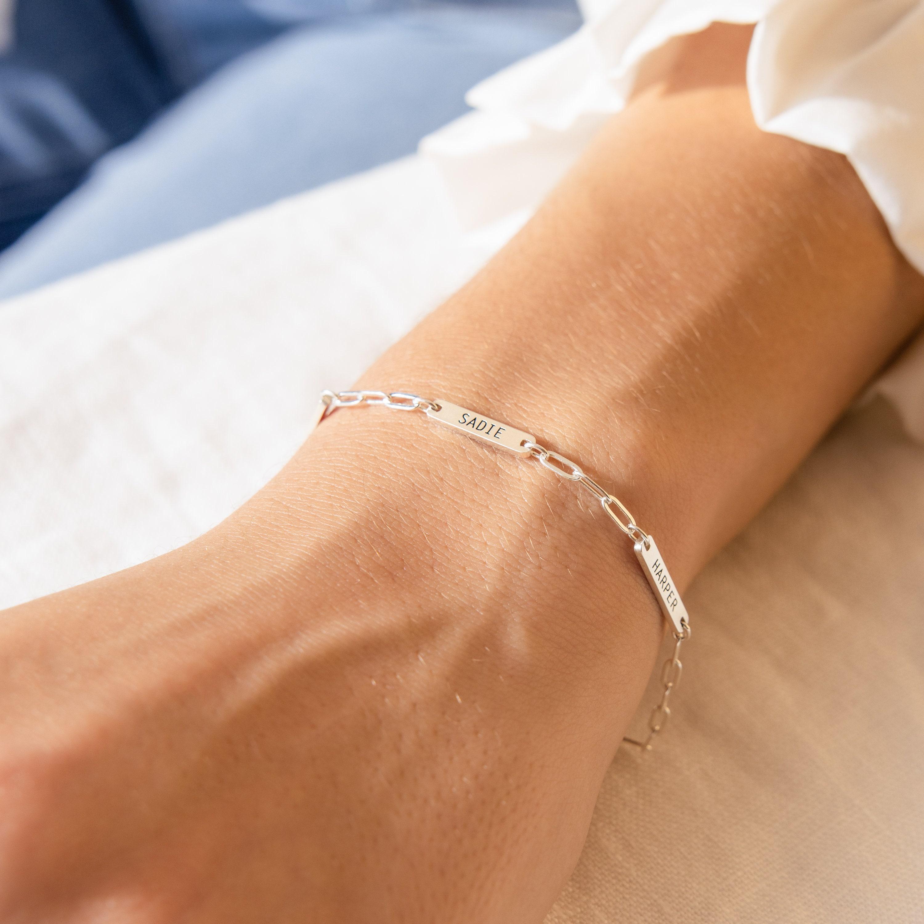 Custom Mini Name Bar Bracelet in Sterling Silver on a Paperclip Chain