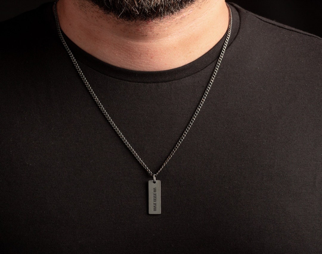 Engraved Sterling Silver Bar Necklace for Men with Curb Chain